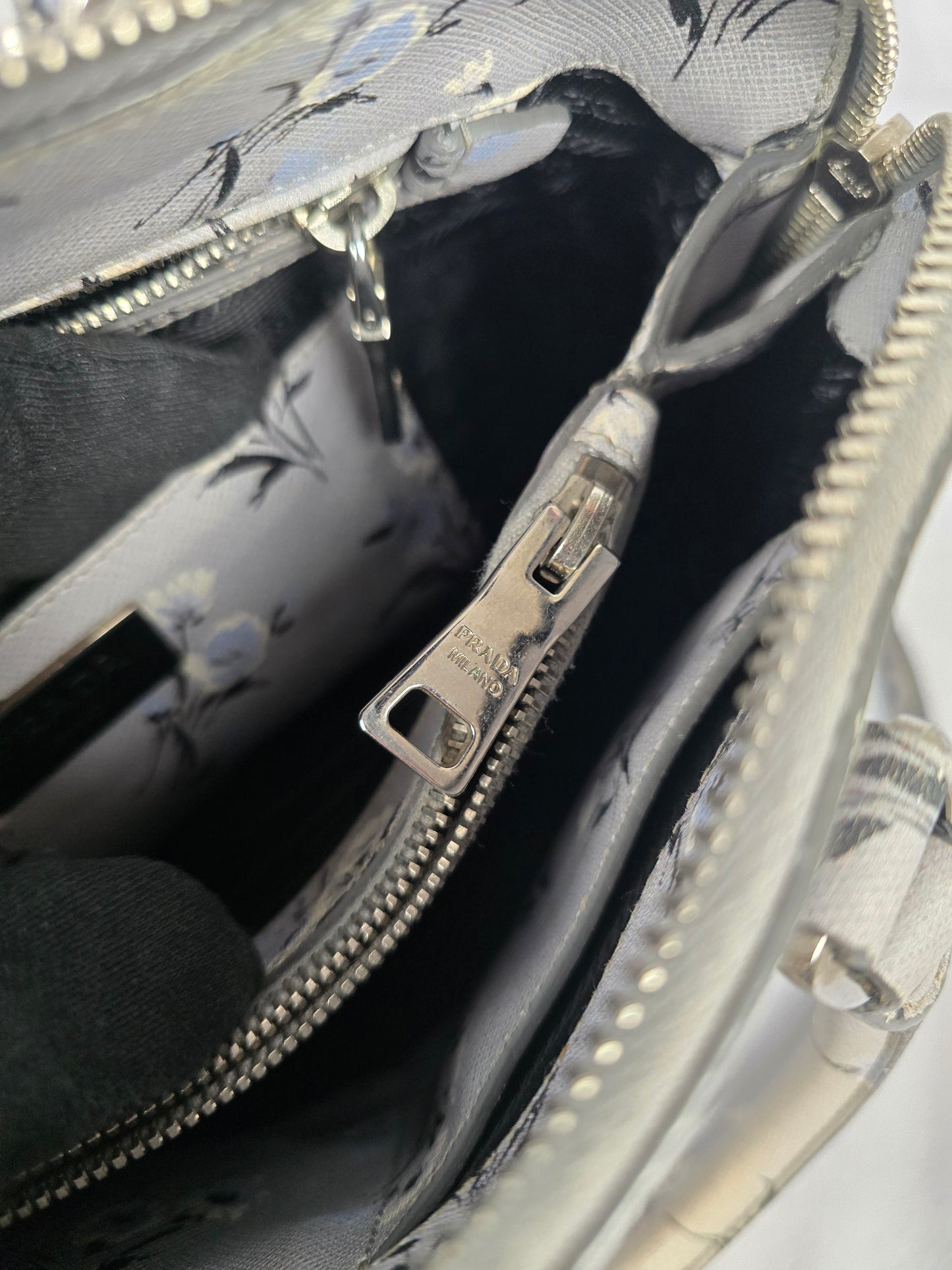 Prada Galleria Saffiano Soft  Leather Gray Floral Two-Way Hanbag