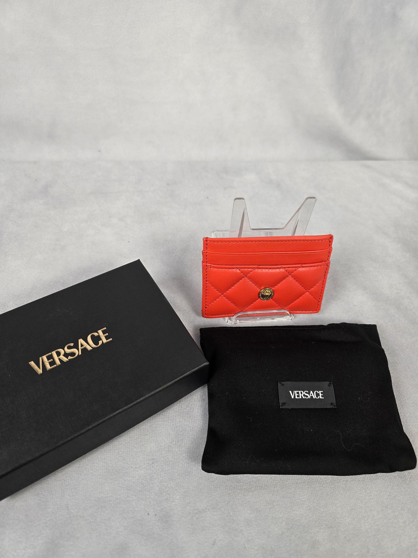 Versace Mini-Medusa Coral Quilted Lambskin Card Holder - NEW