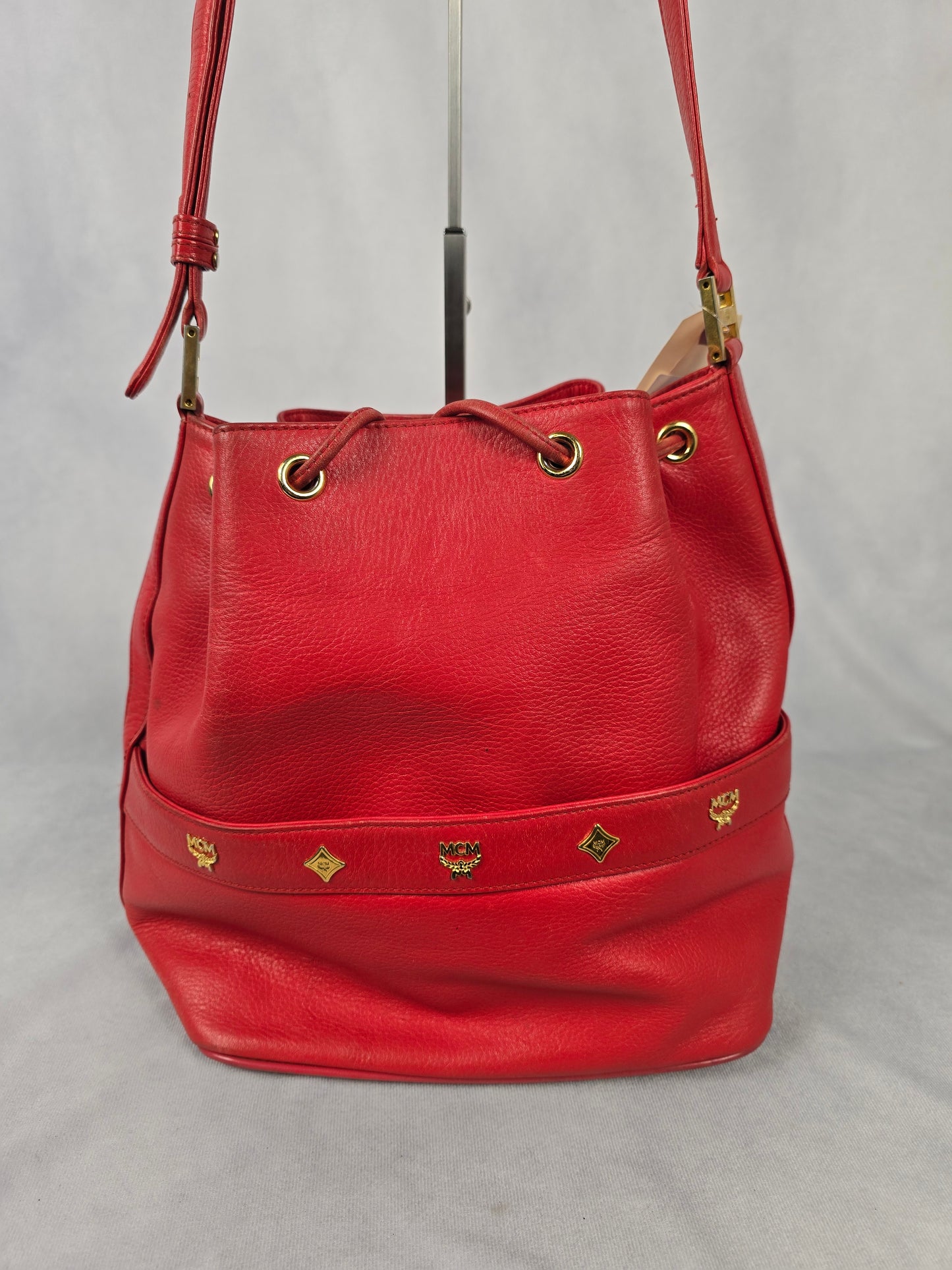 MCM Red Leather Bucket Bag