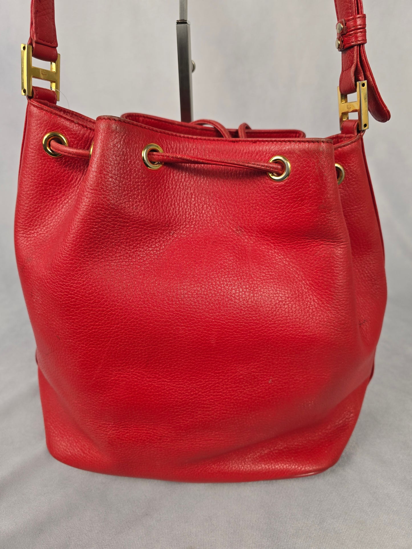 MCM Red Leather Bucket Bag