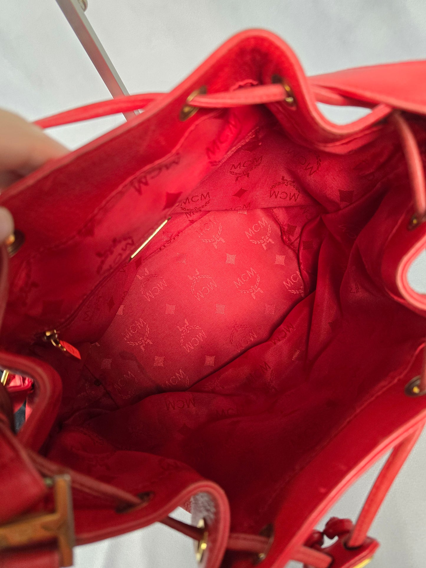 MCM Red Leather Bucket Bag