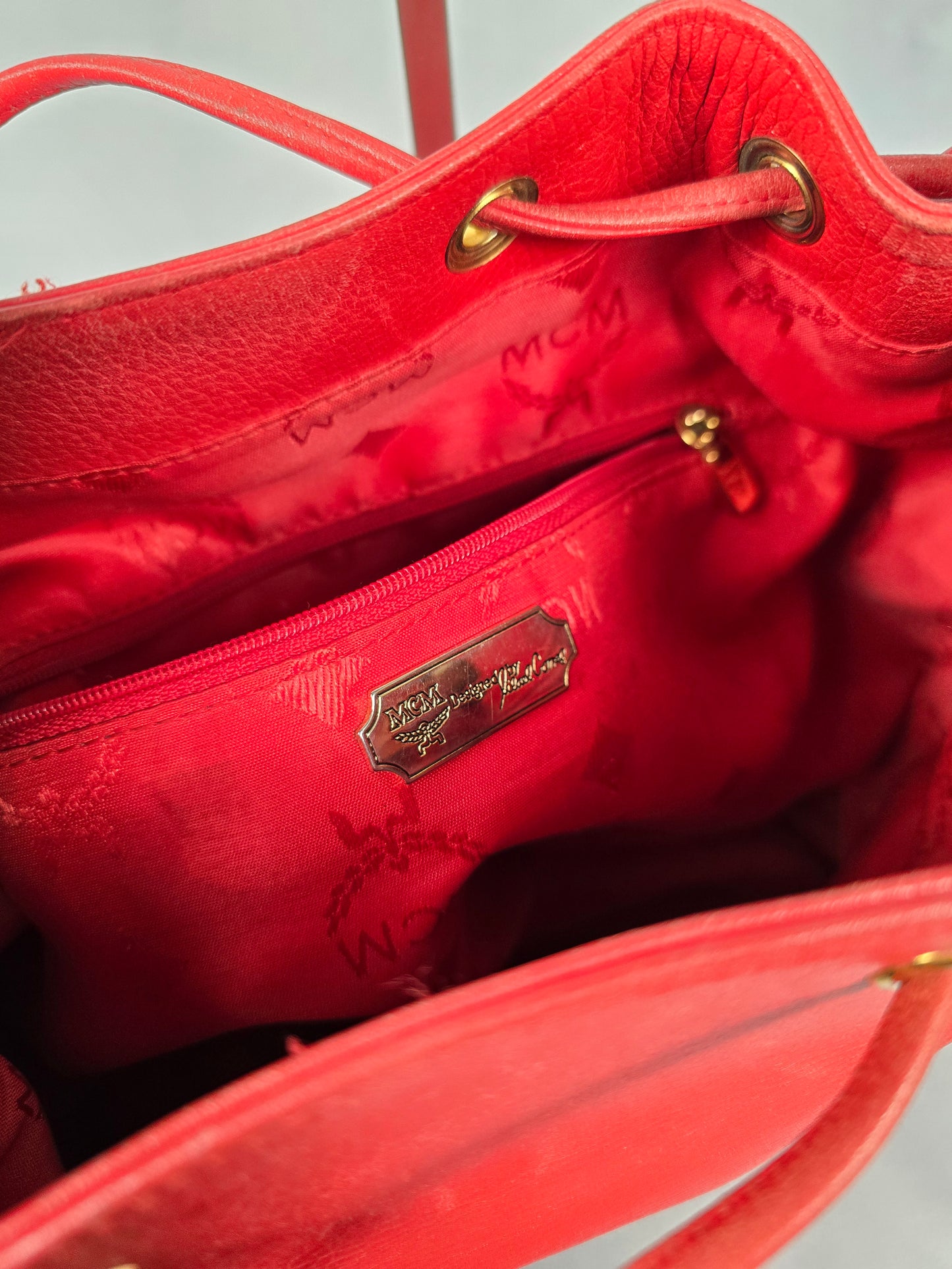 MCM Red Leather Bucket Bag