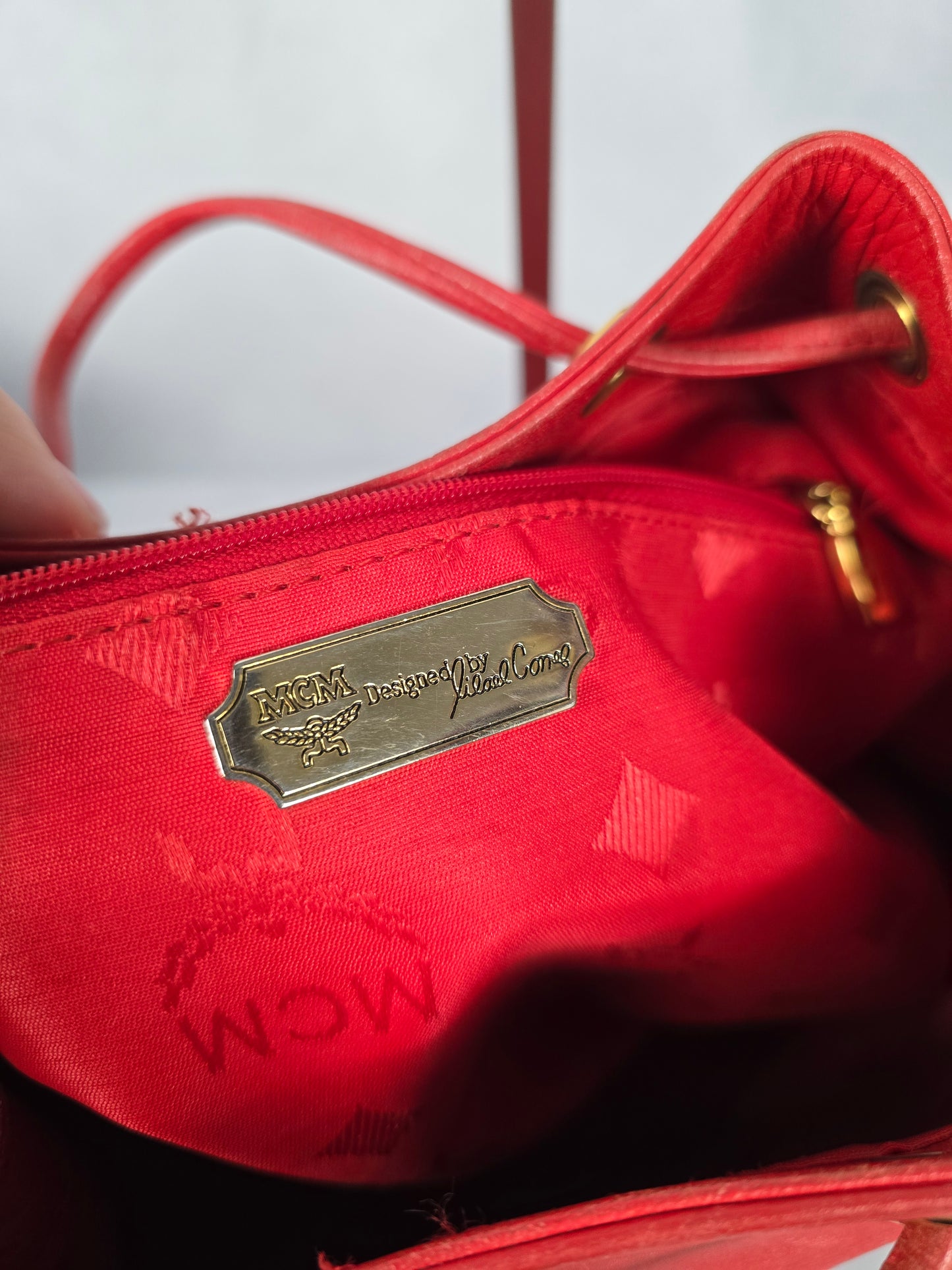 MCM Red Leather Bucket Bag