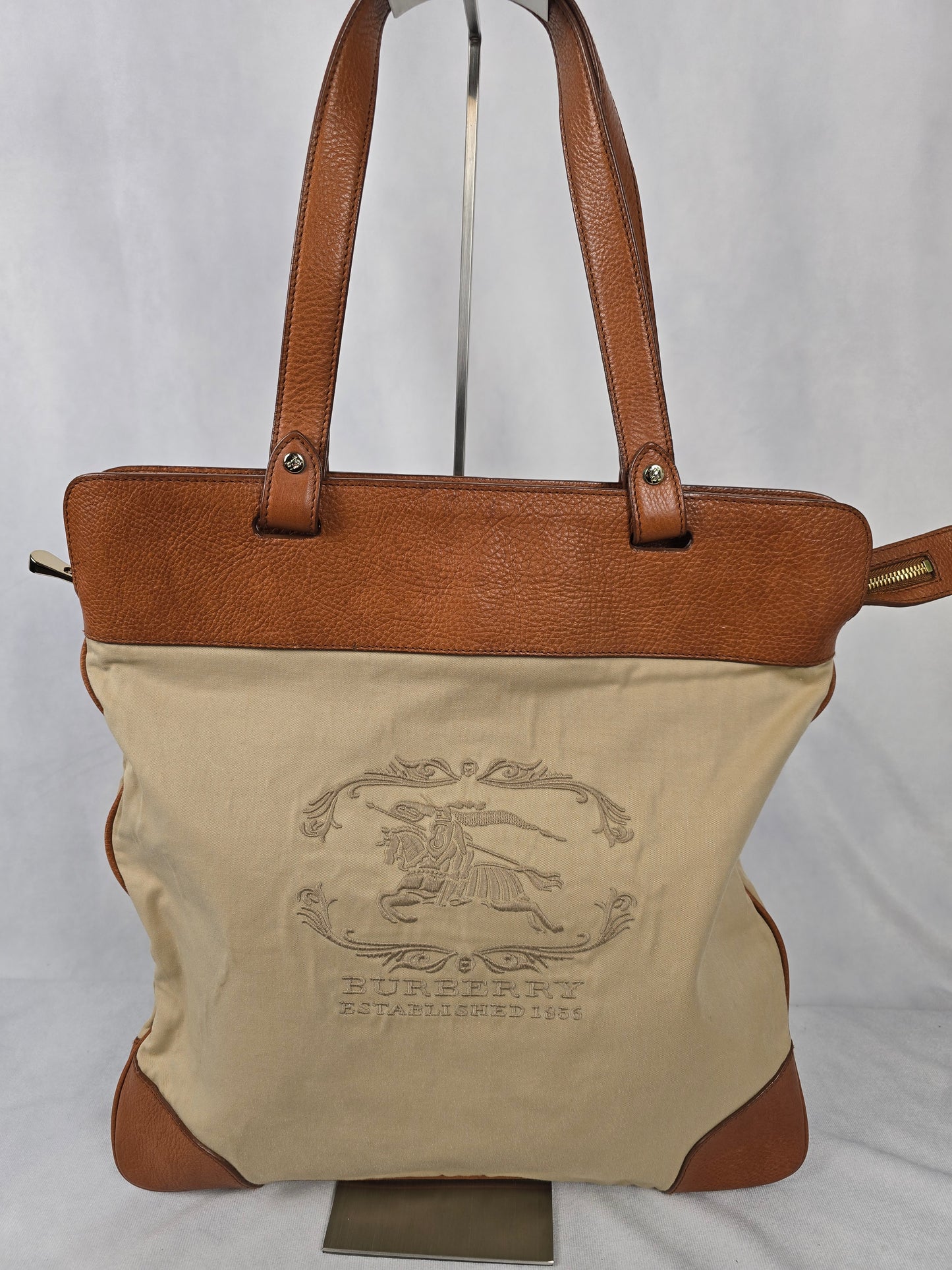 Burberry Vintage Beige and Brown Fabric and Leather Trim Tote