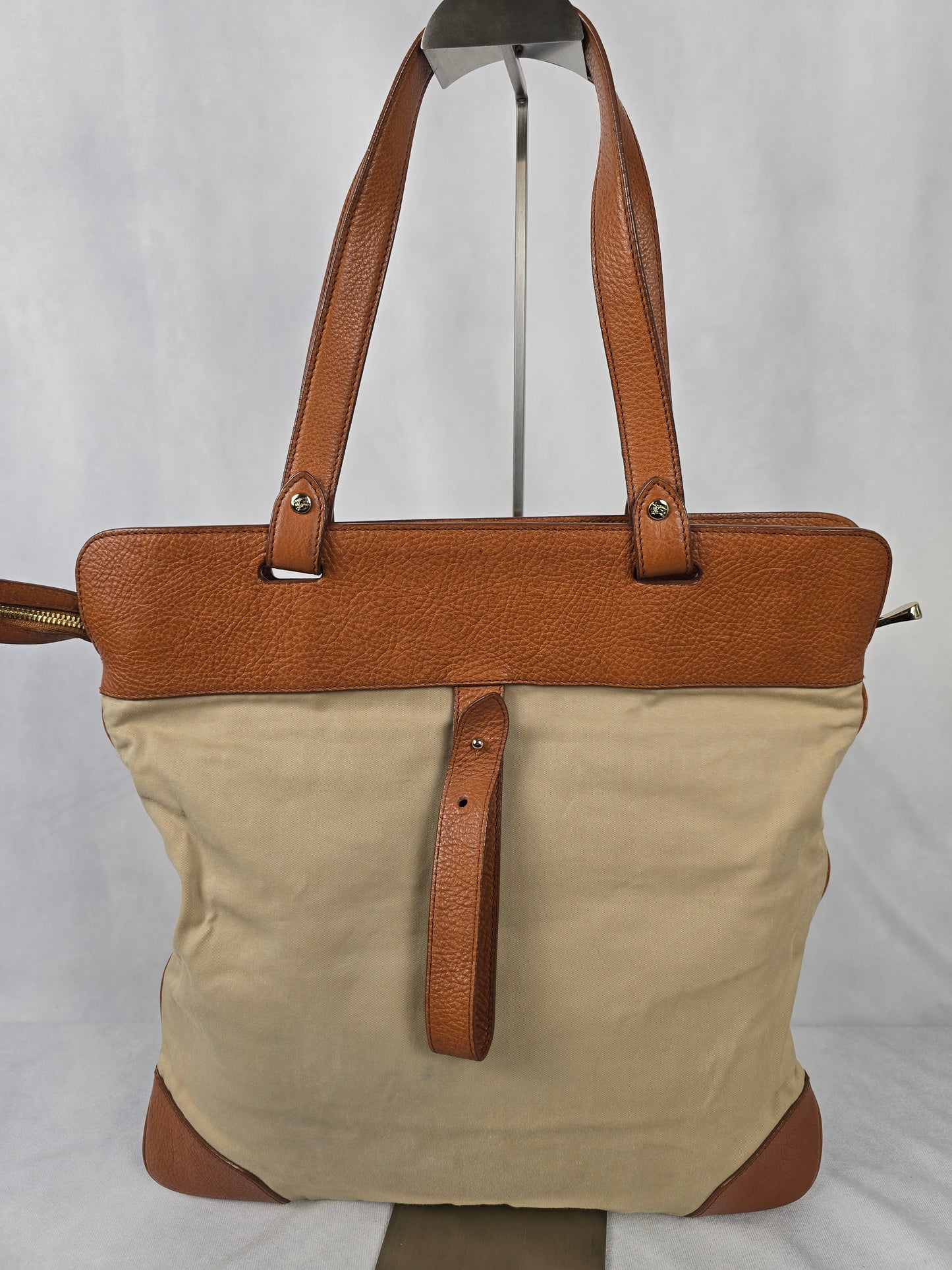 Burberry Vintage Beige and Brown Fabric and Leather Trim Tote