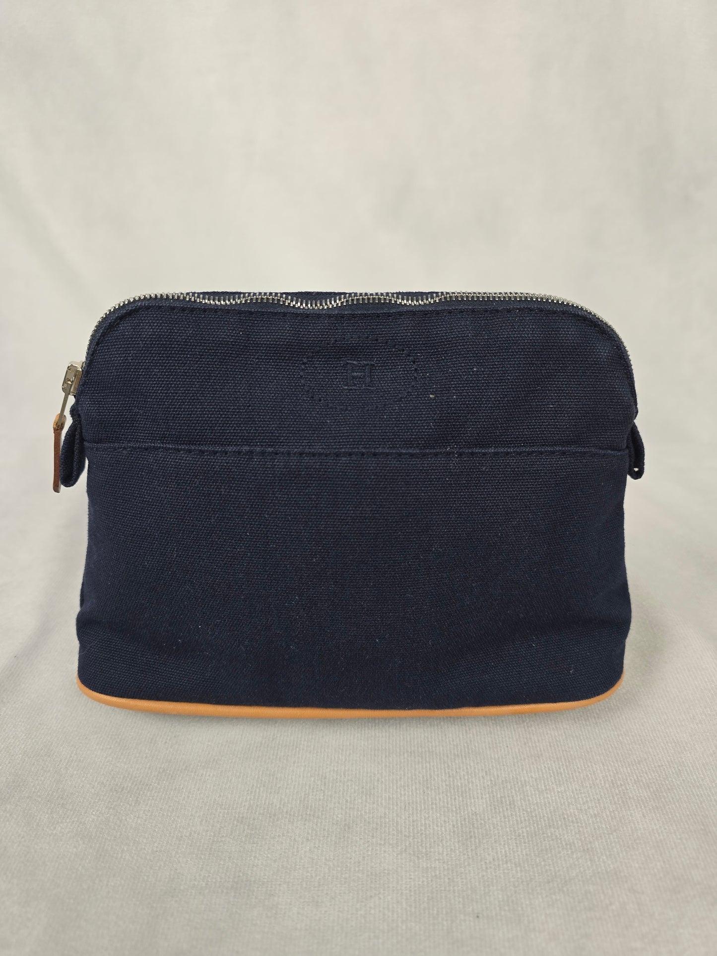Hermes Bolide Pouch PM Navy Blue Canvas with Tan Leather Trim