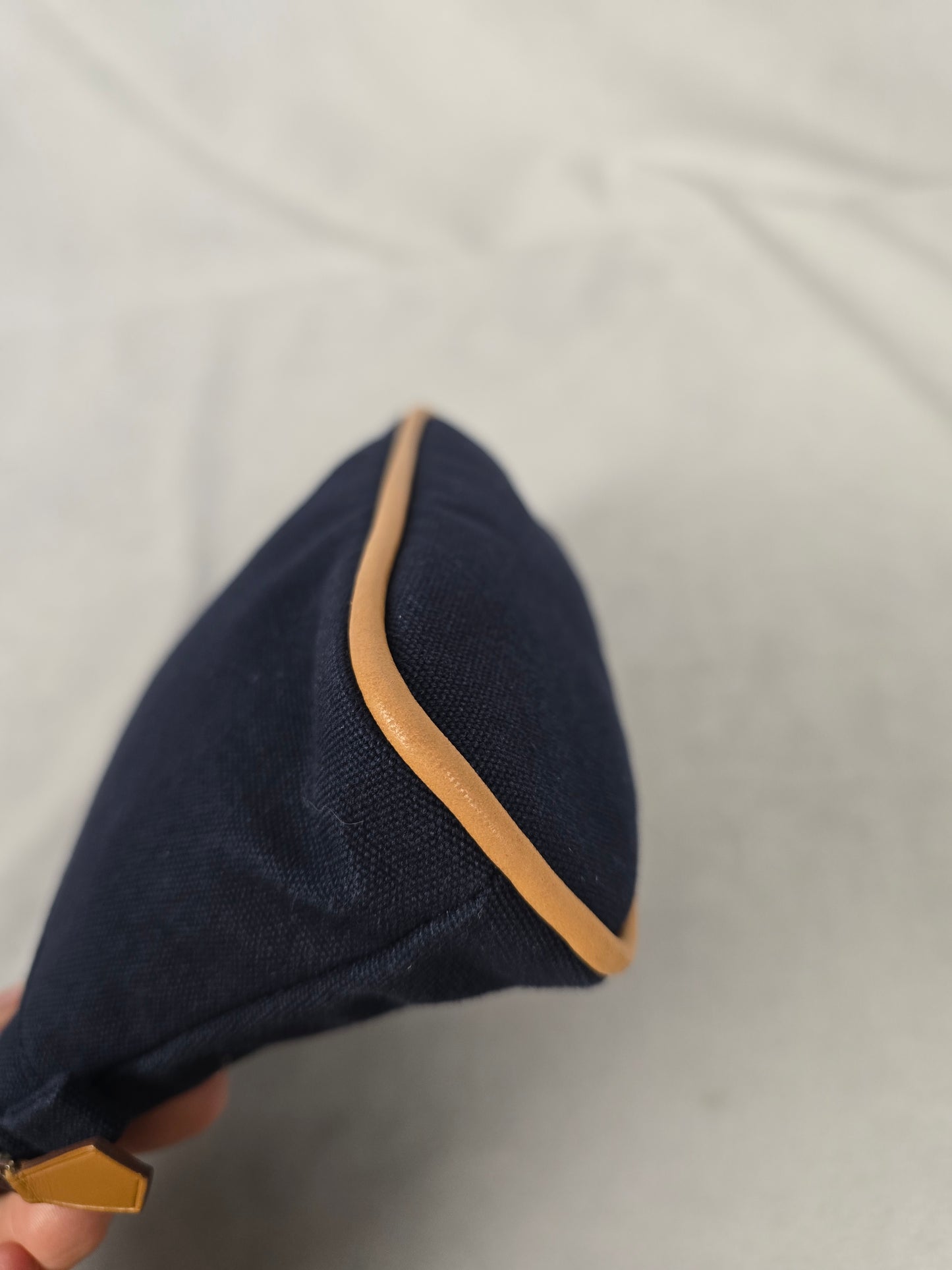 Hermes Bolide Pouch PM Navy Blue Canvas with Tan Leather Trim