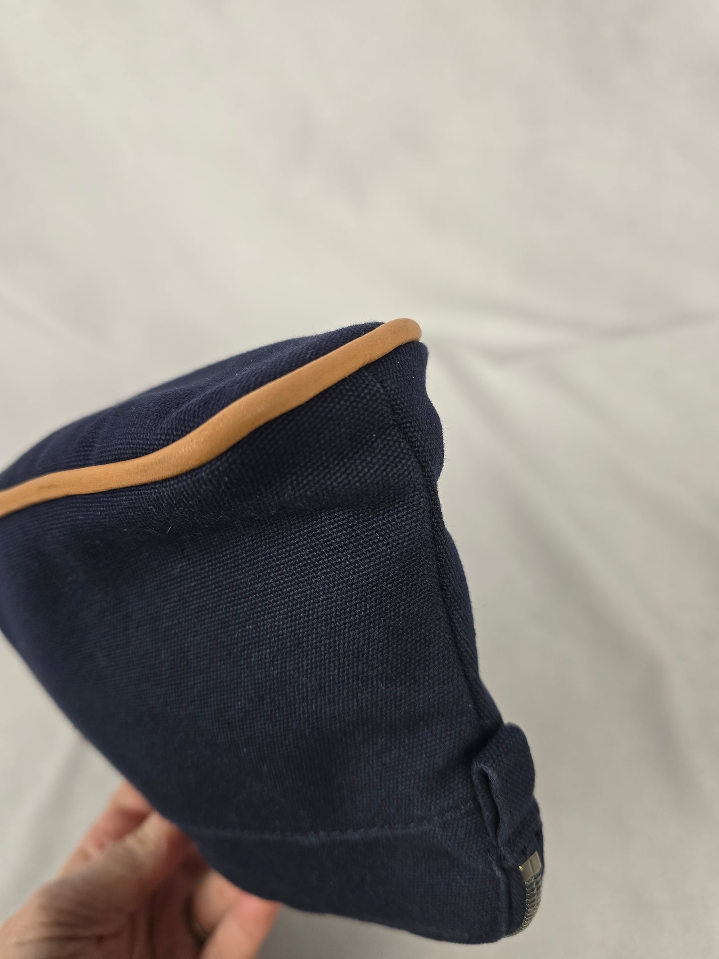 Hermes Bolide Pouch PM Navy Blue Canvas with Tan Leather Trim