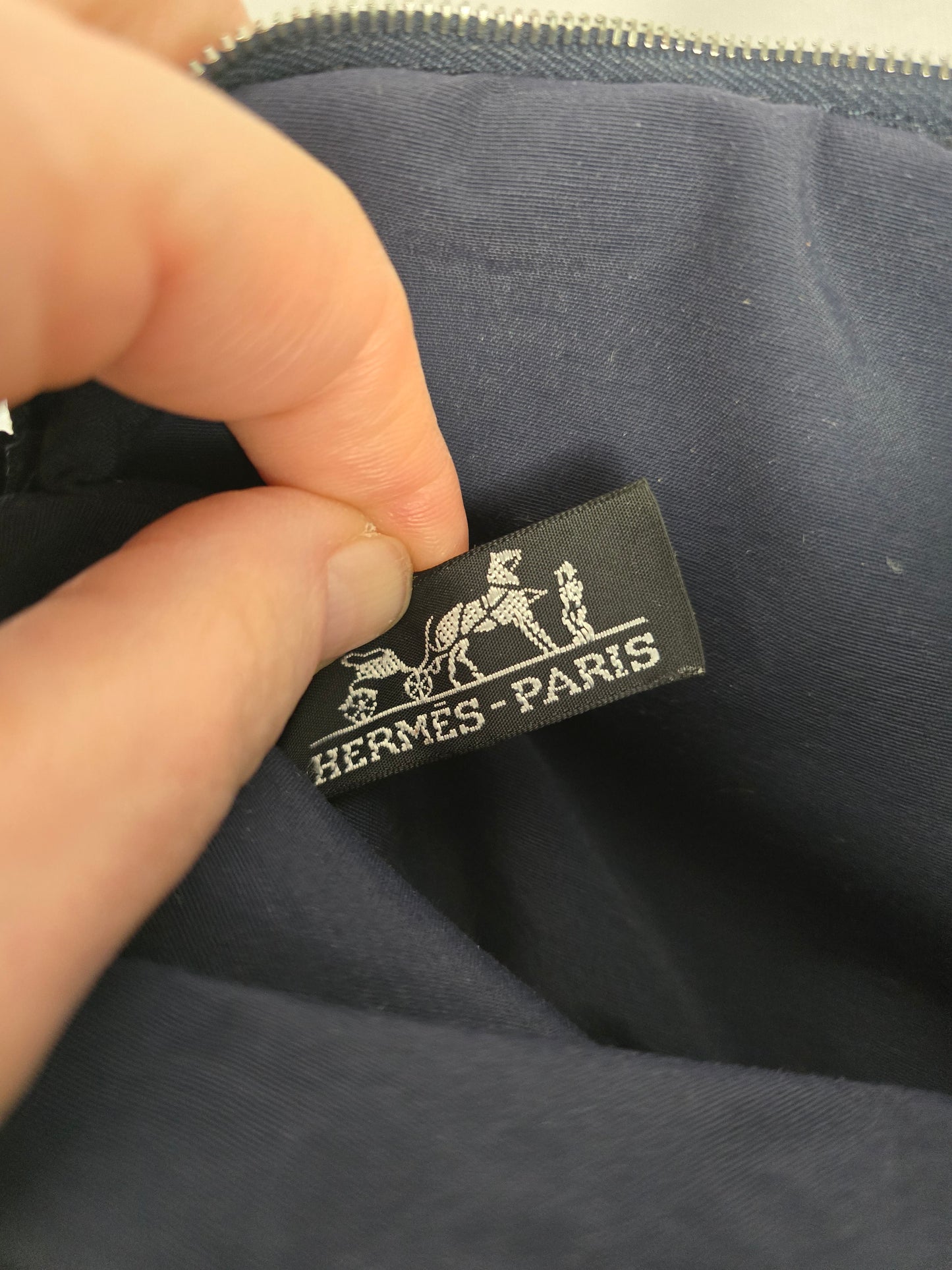 Hermes Bolide Pouch PM Navy Blue Canvas with Tan Leather Trim
