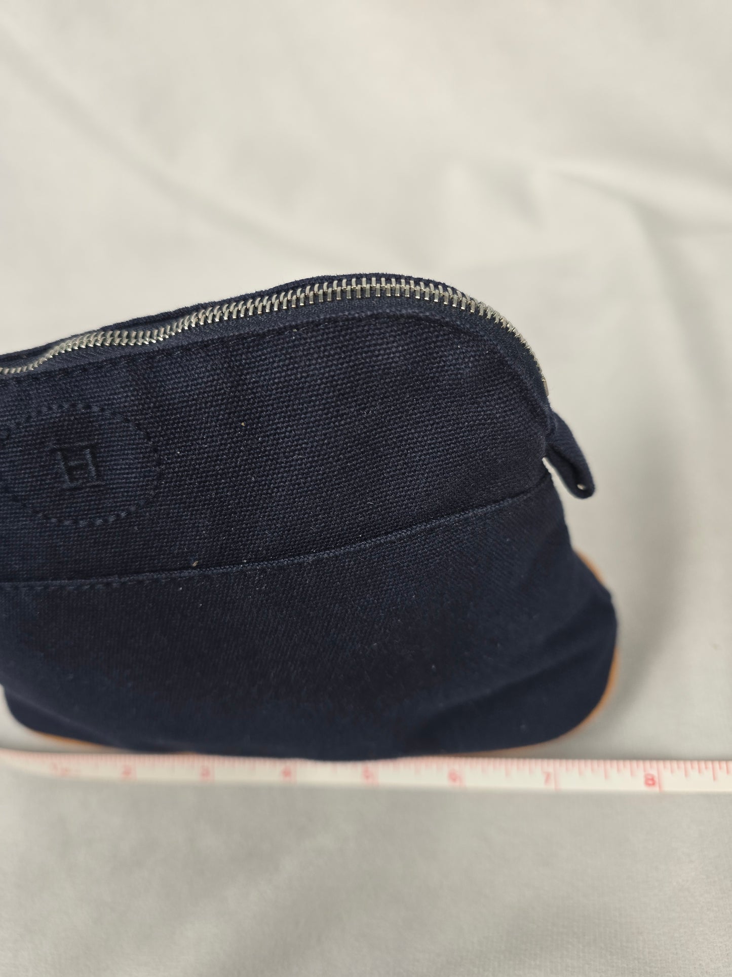 Hermes Bolide Pouch PM Navy Blue Canvas with Tan Leather Trim