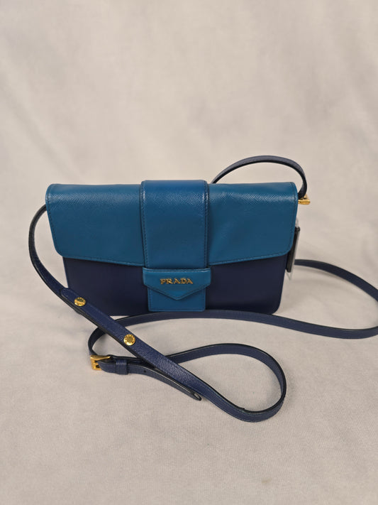 Prada Two-Tone Blue Saffiano leather Flap Crossbody Bag
