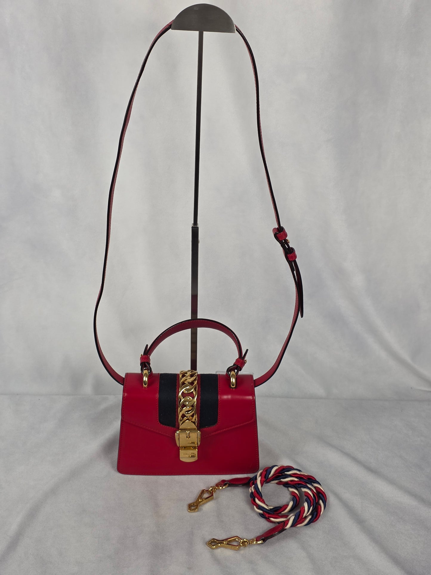 Gucci Red Leather Mini Sylvie Top Handle Bag, Featuring Two Straps