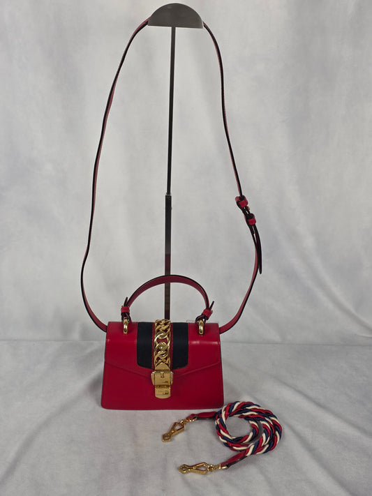 Gucci Red Leather Mini Sylvie Top Handle Bag, Featuring Two Straps