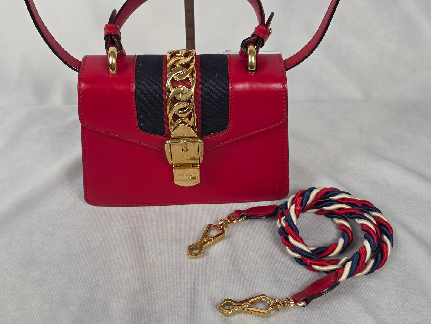 Gucci Red Leather Mini Sylvie Top Handle Bag, Featuring Two Straps