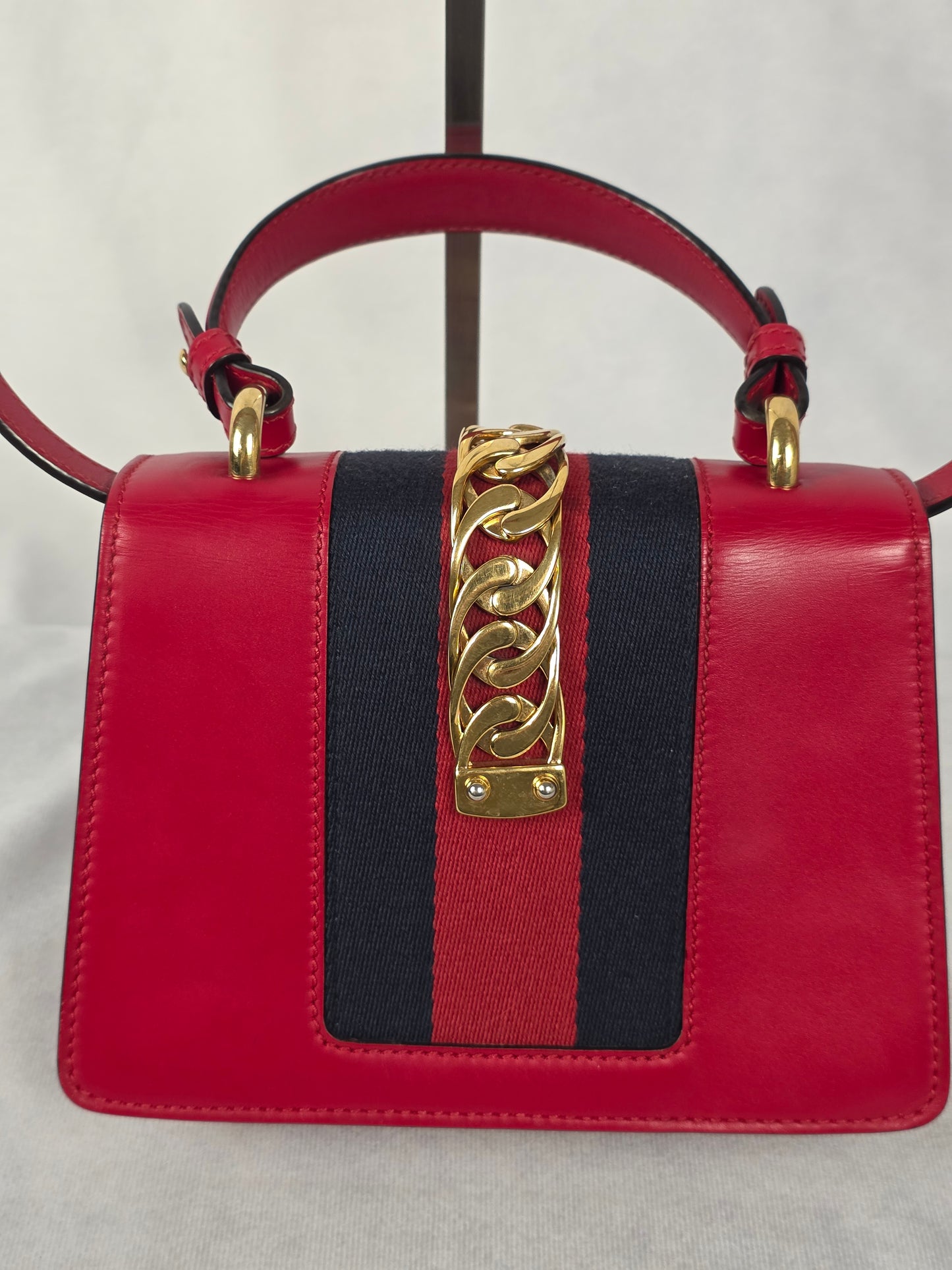 Gucci Red Leather Mini Sylvie Top Handle Bag, Featuring Two Straps