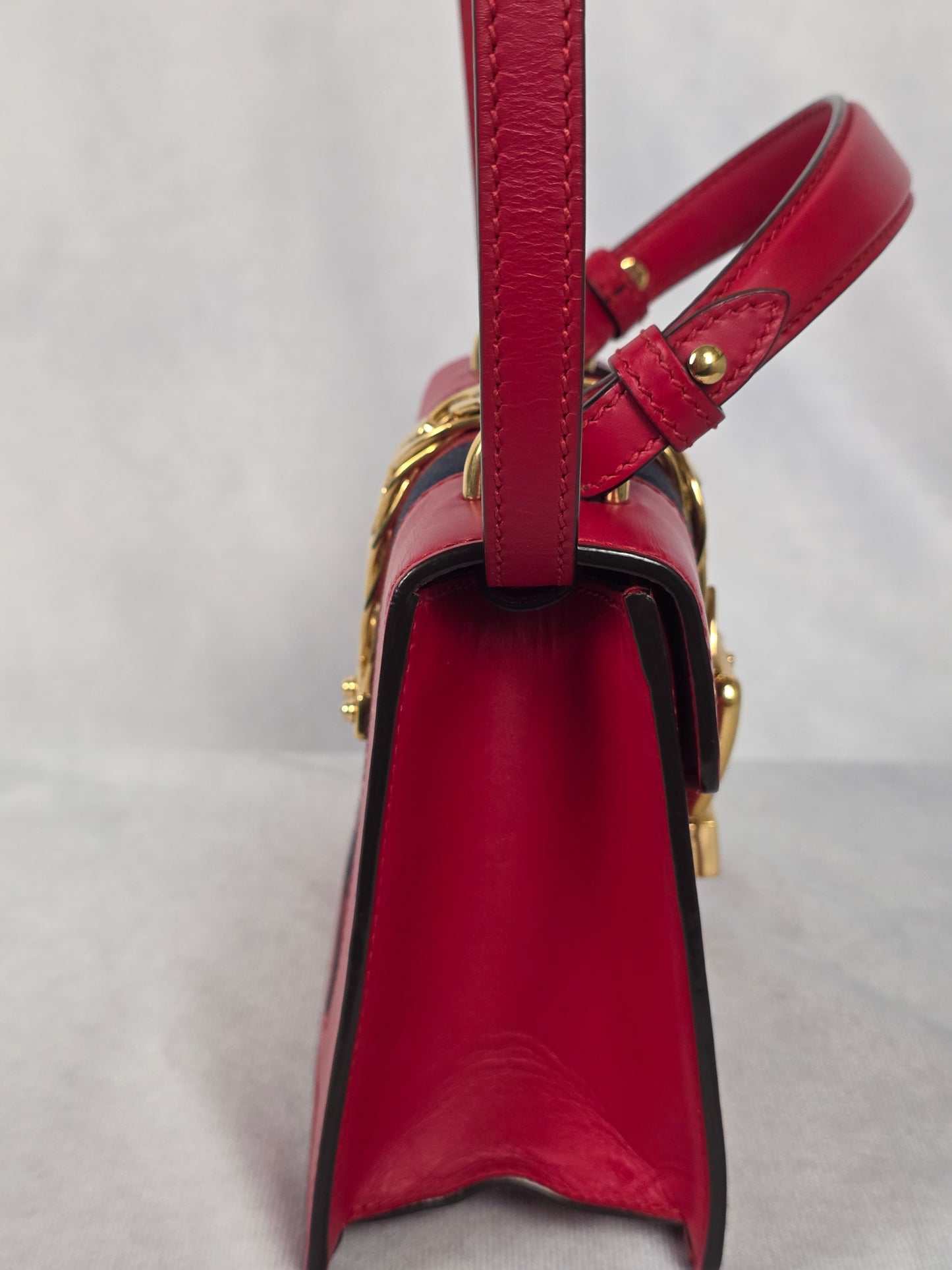 Gucci Red Leather Mini Sylvie Top Handle Bag, Featuring Two Straps