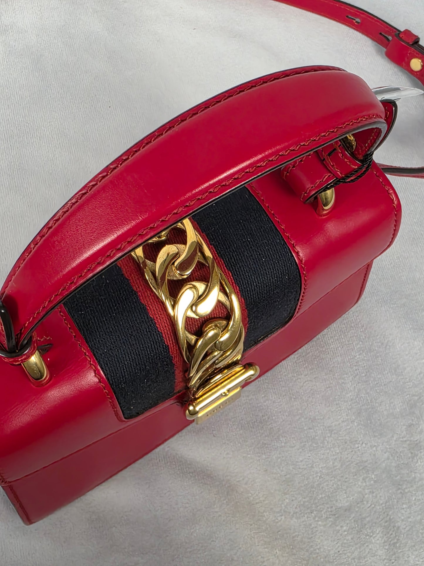 Gucci Red Leather Mini Sylvie Top Handle Bag, Featuring Two Straps