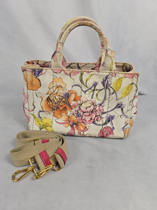 Prada Beige Floral Canapa with Crossbody Strap