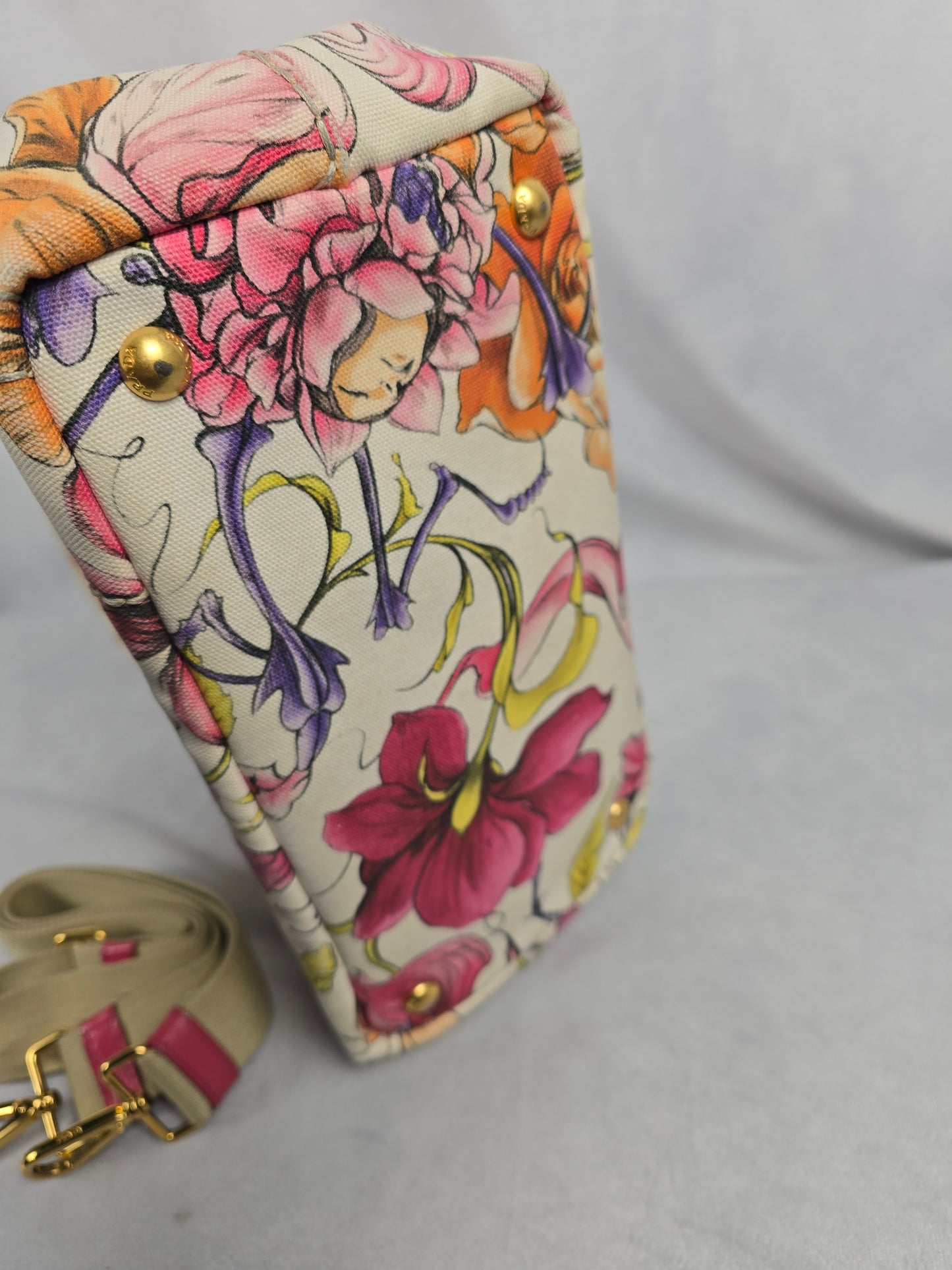 Prada Beige Floral Canapa with Crossbody Strap