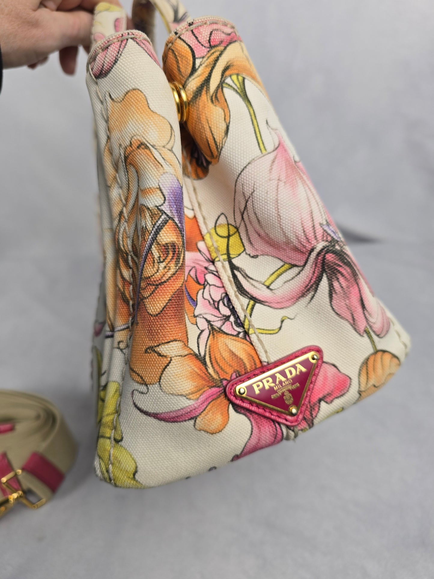 Prada Beige Floral Canapa with Crossbody Strap