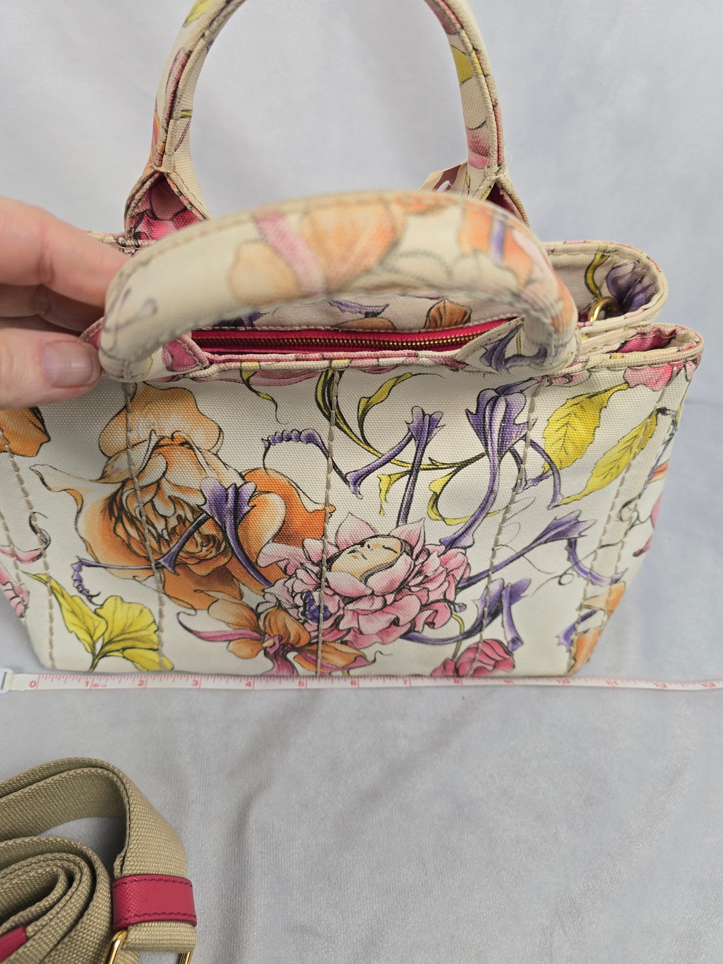 Prada Beige Floral Canapa with Crossbody Strap