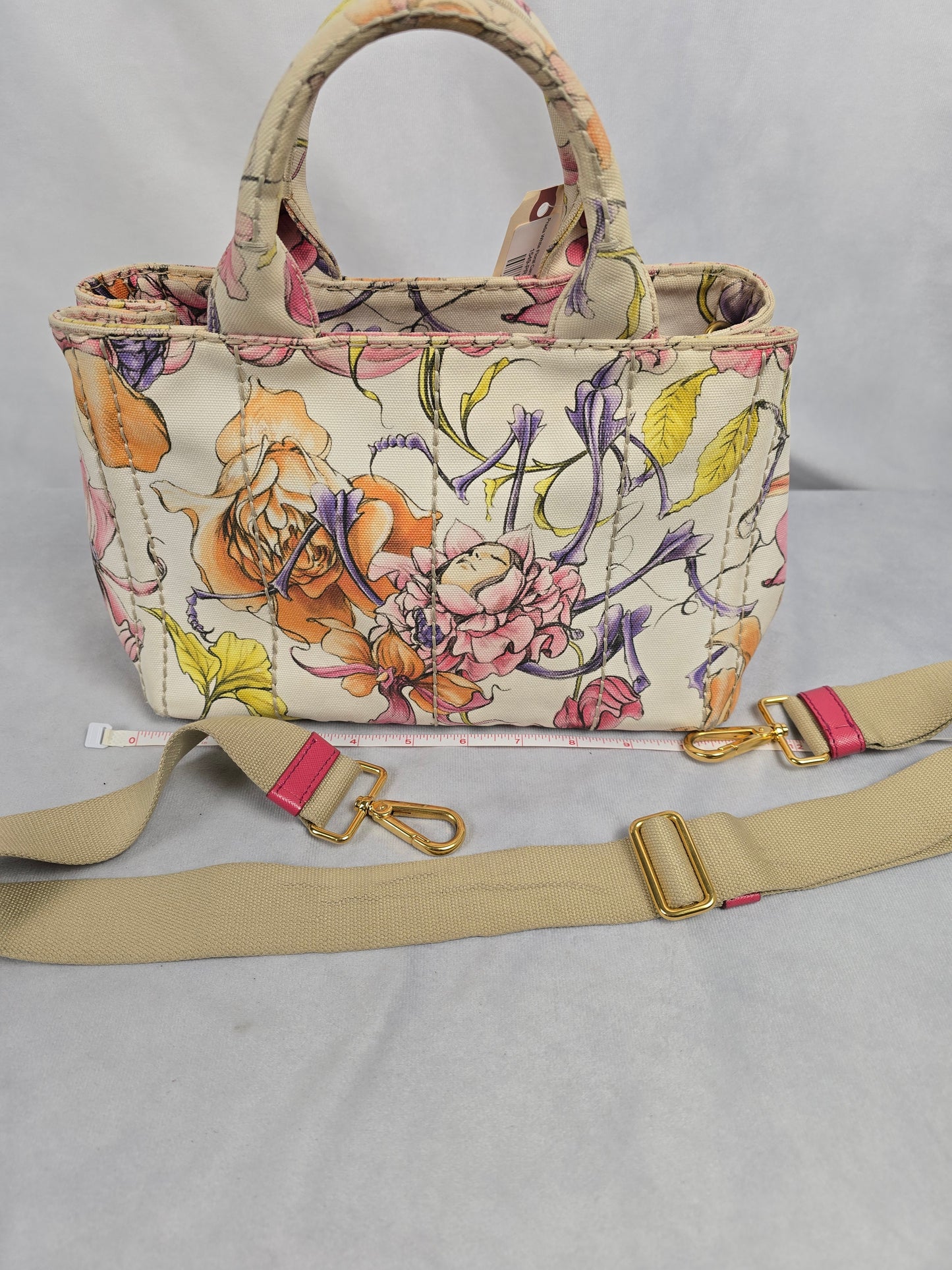 Prada Beige Floral Canapa with Crossbody Strap