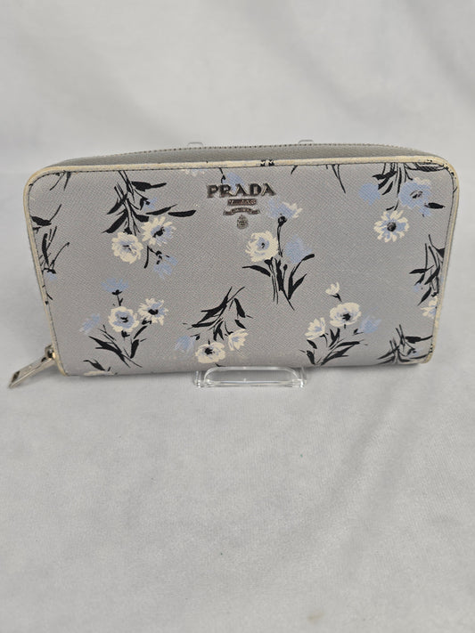Prada Gray Floral Saffiano Zip-Around Wallet