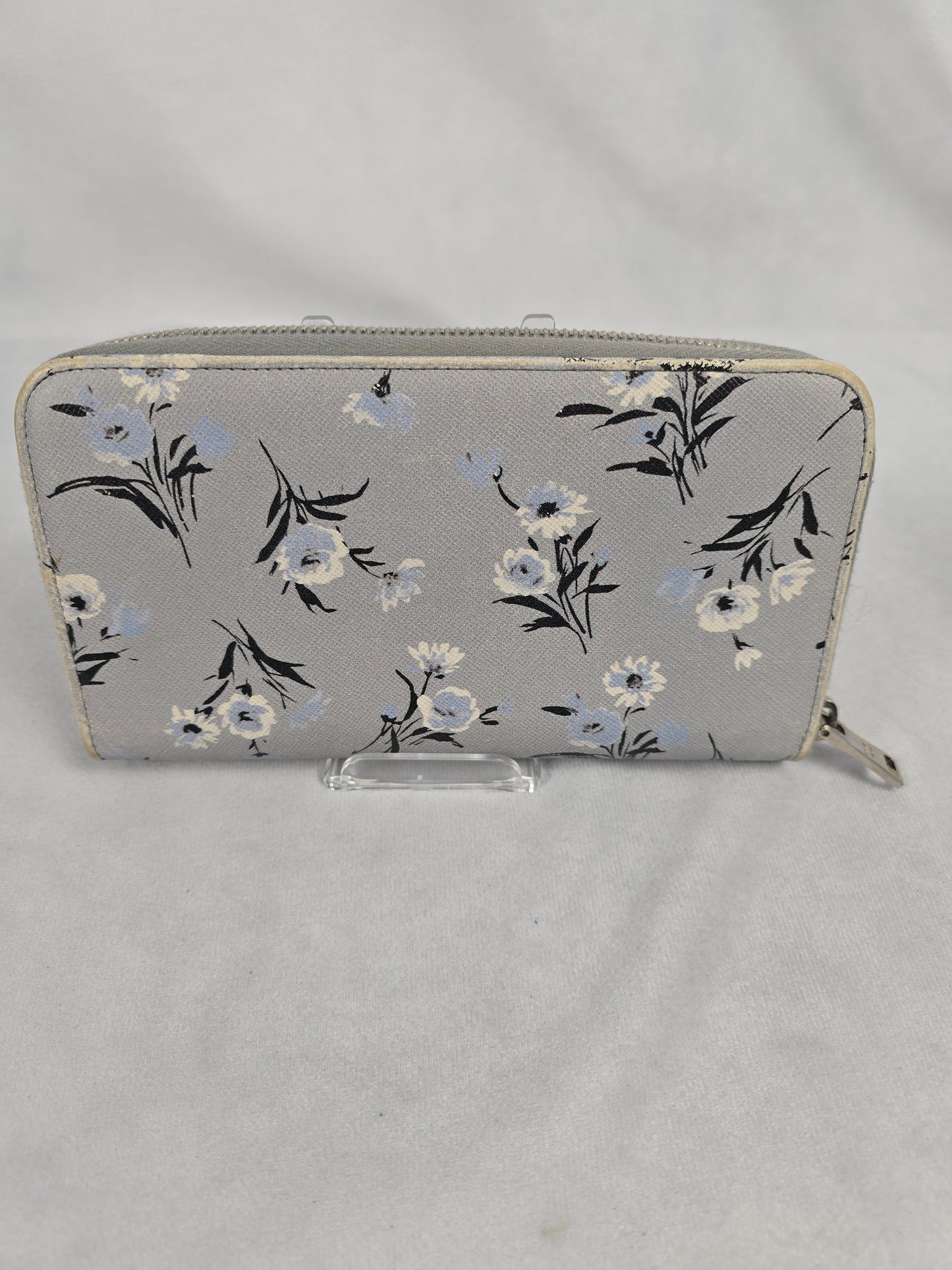 Prada Gray Floral Saffiano Zip-Around Wallet