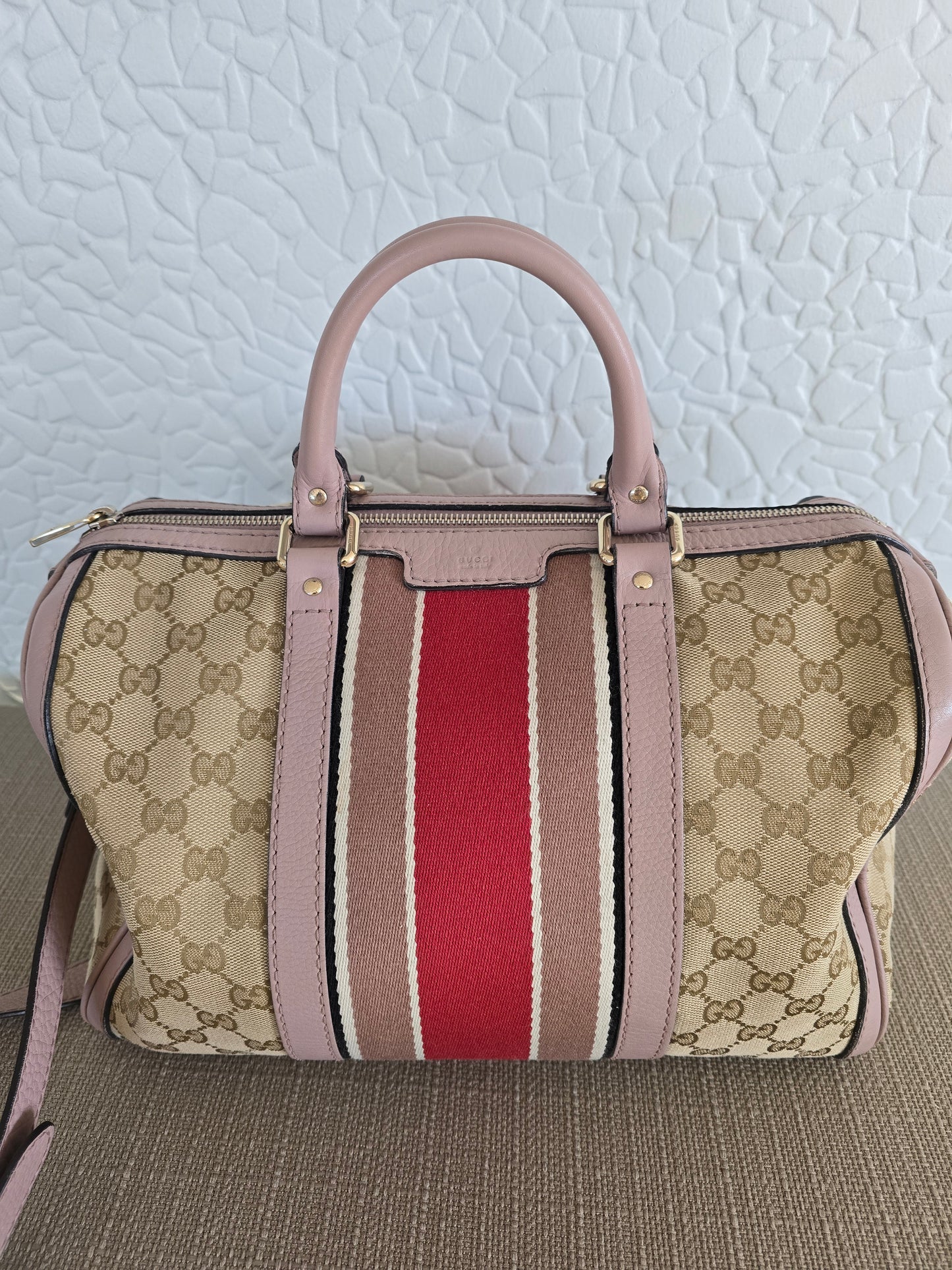 Gucci Vintage Web Boston Bag in Beige GG Canvas with Leather Trim