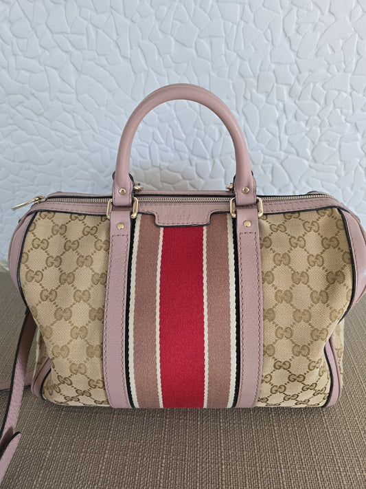 Gucci Vintage Web Boston Bag in Beige GG Canvas with Leather Trim