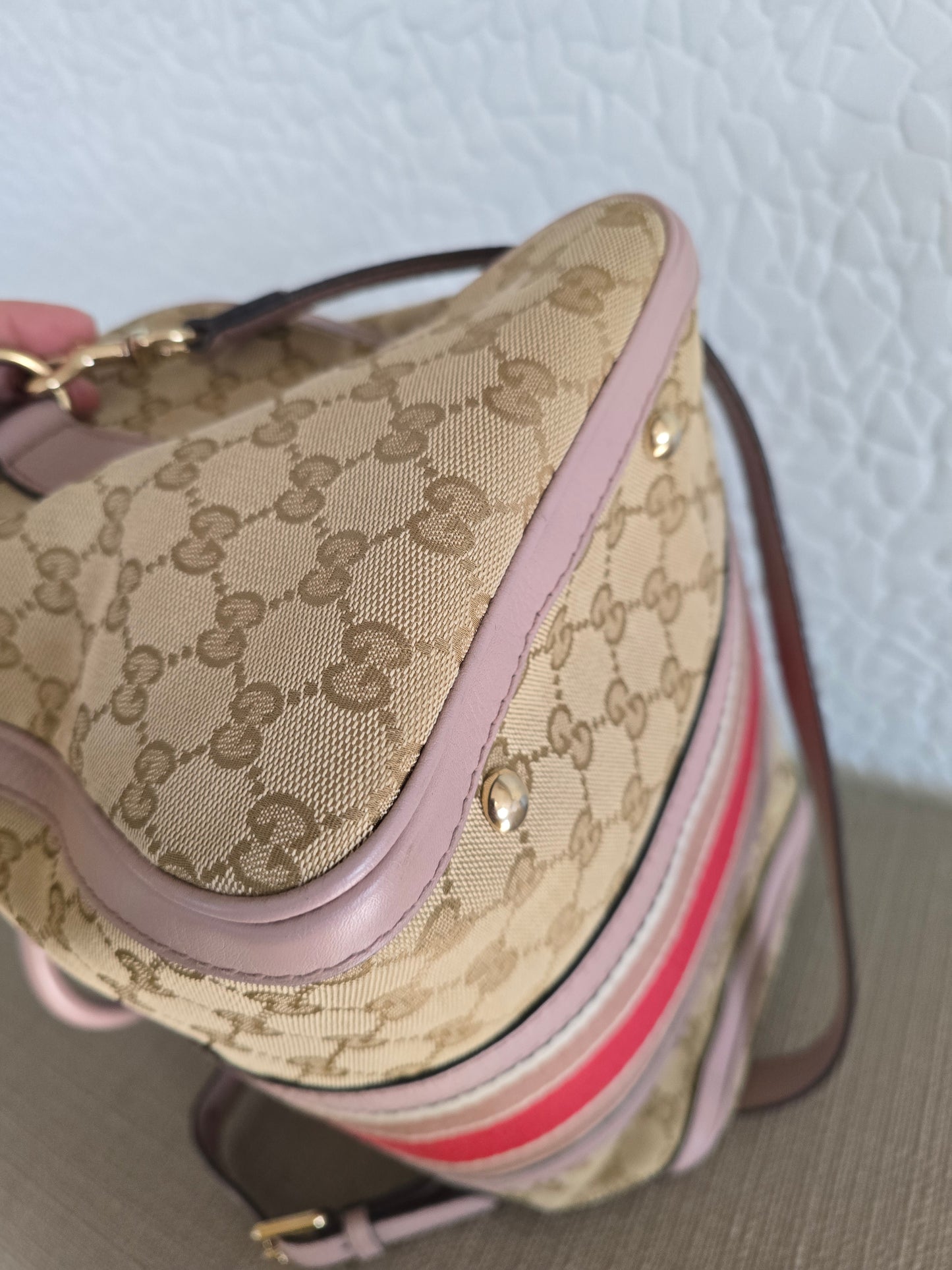 Gucci Vintage Web Boston Bag in Beige GG Canvas with Leather Trim