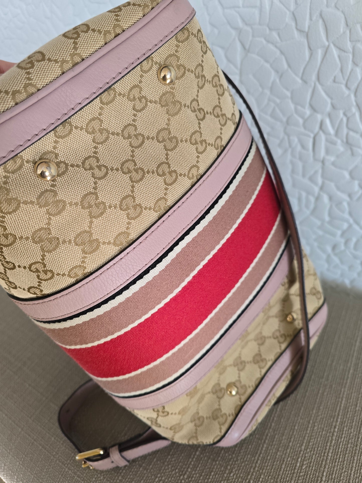 Gucci Vintage Web Boston Bag in Beige GG Canvas with Leather Trim