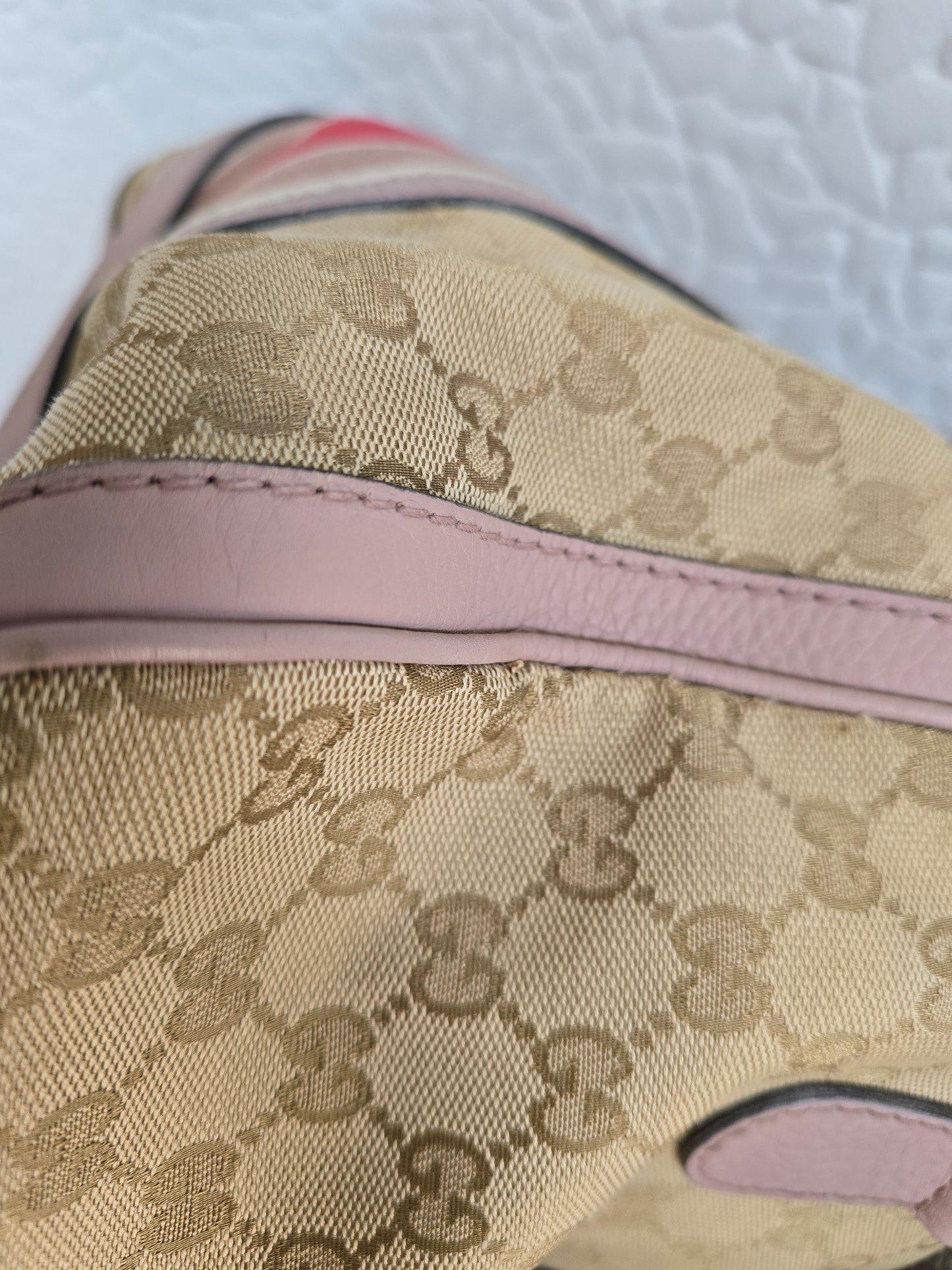 Gucci Vintage Web Boston Bag in Beige GG Canvas with Leather Trim