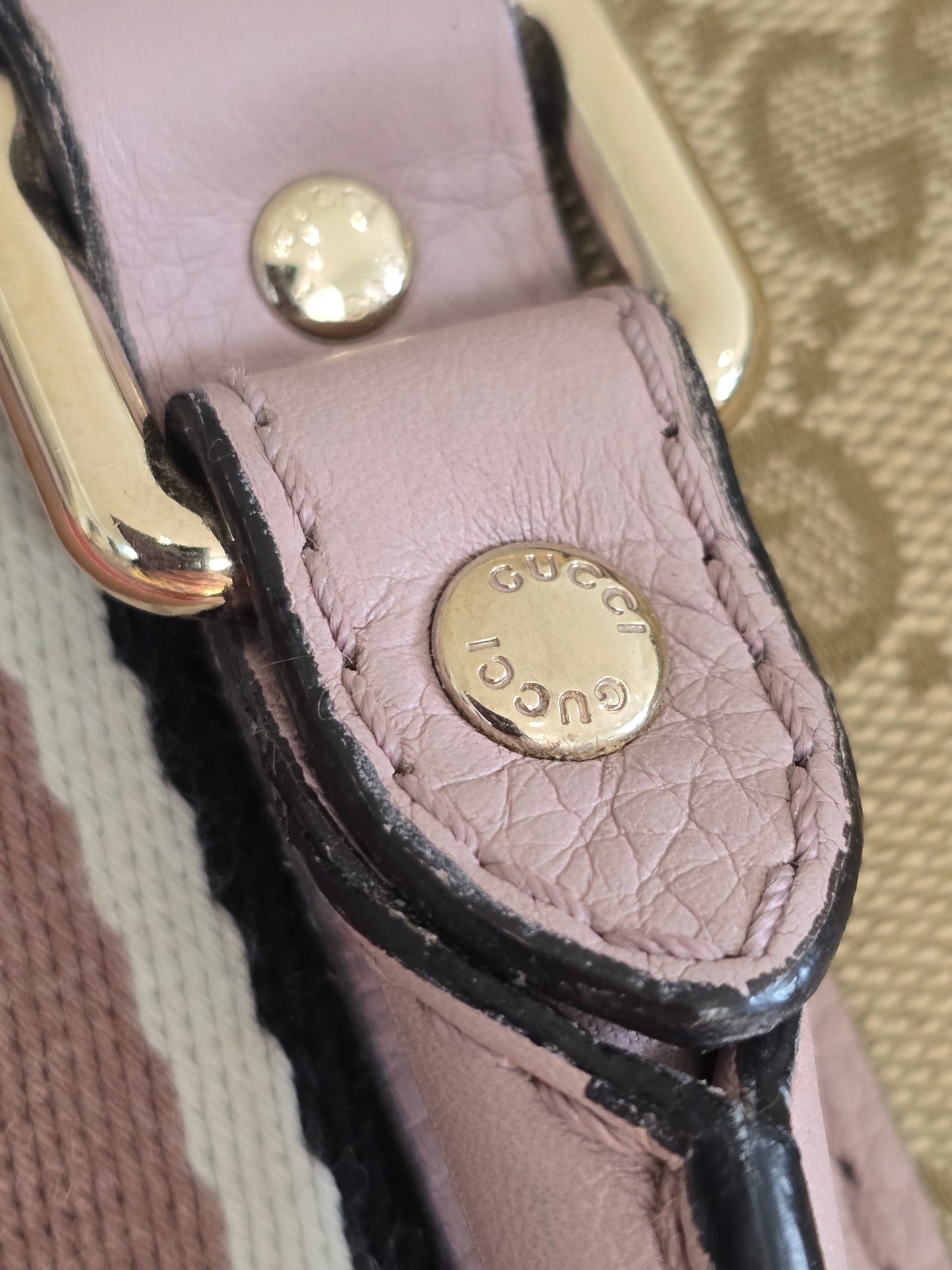 Gucci Vintage Web Boston Bag in Beige GG Canvas with Leather Trim