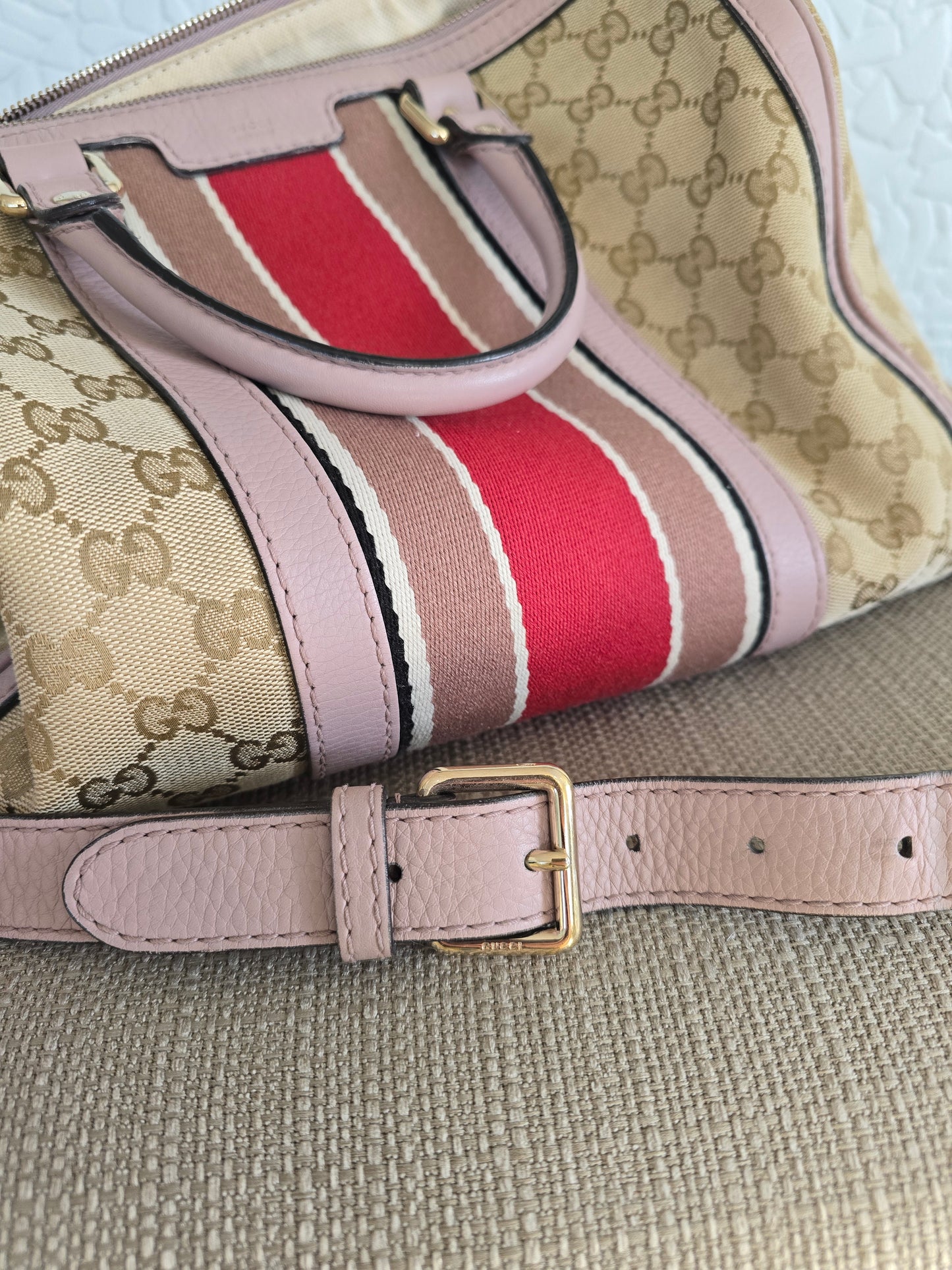 Gucci Vintage Web Boston Bag in Beige GG Canvas with Leather Trim