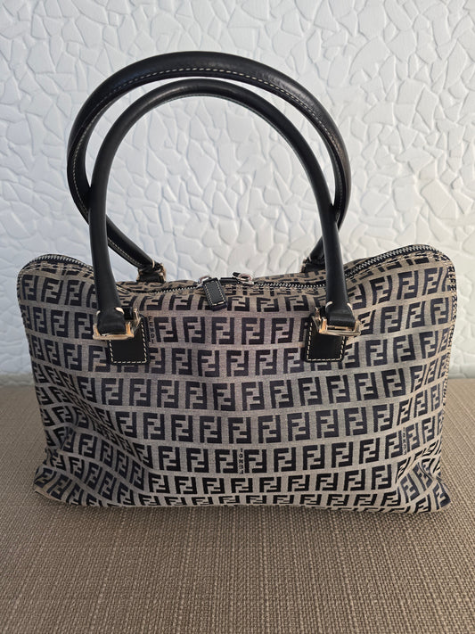 Fendi Zucchino Canvas Shoulder Bag in Tan Canvas/Navy Leather