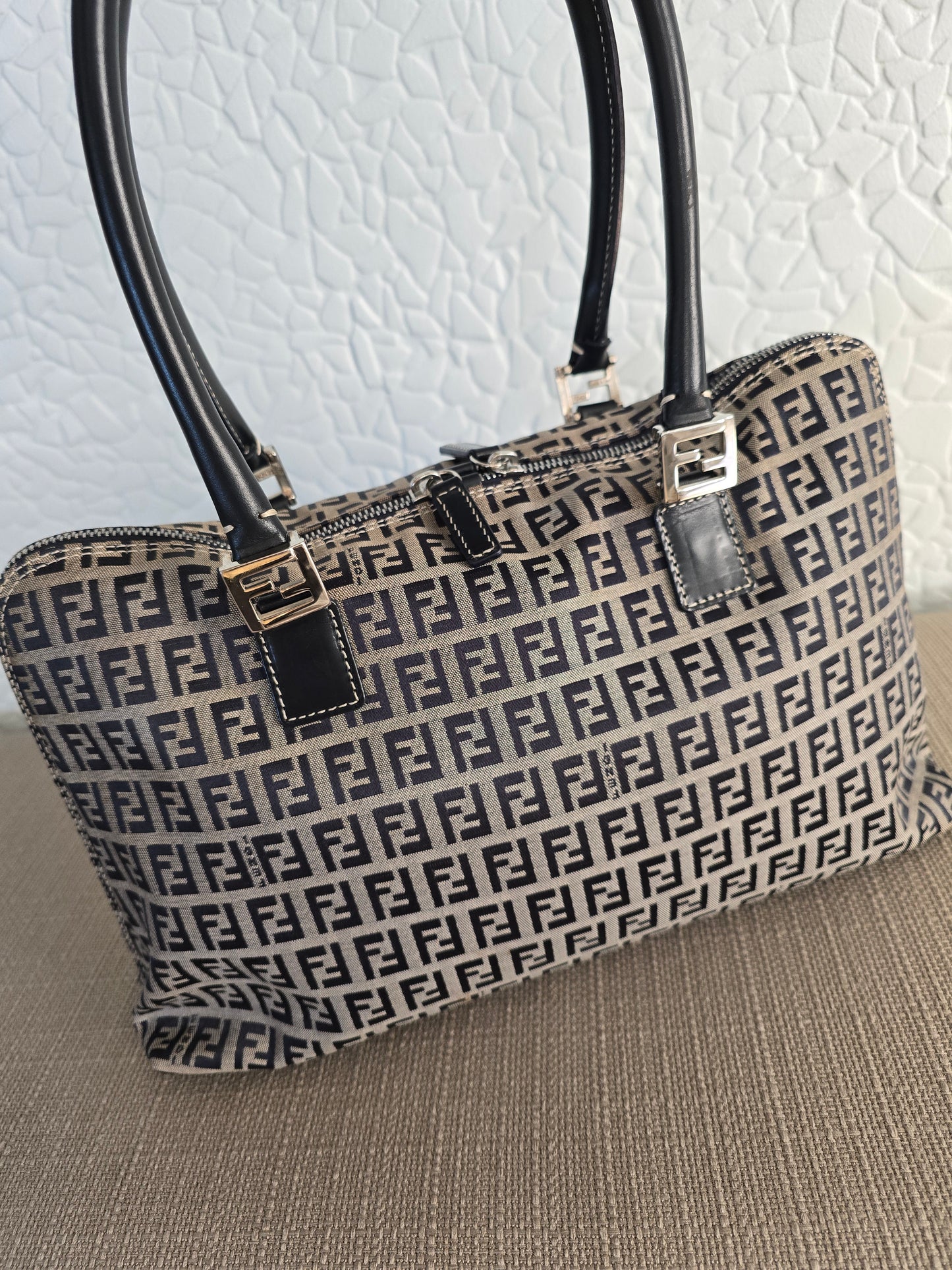 Fendi Zucchino Canvas Shoulder Bag in Tan Canvas/Navy Leather