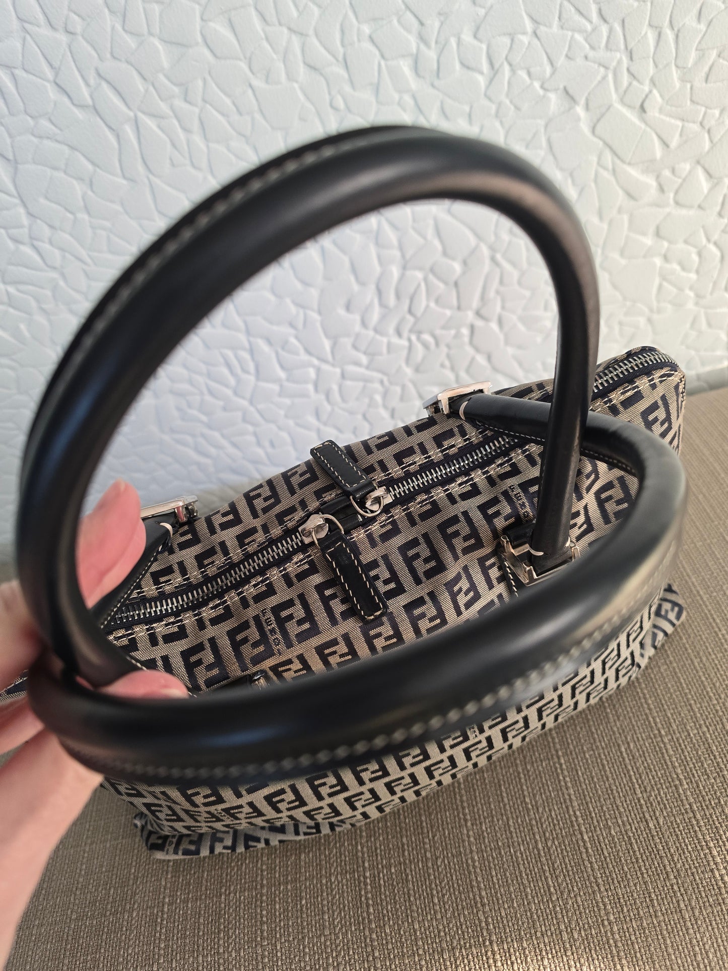 Fendi Zucchino Canvas Shoulder Bag in Tan Canvas/Navy Leather