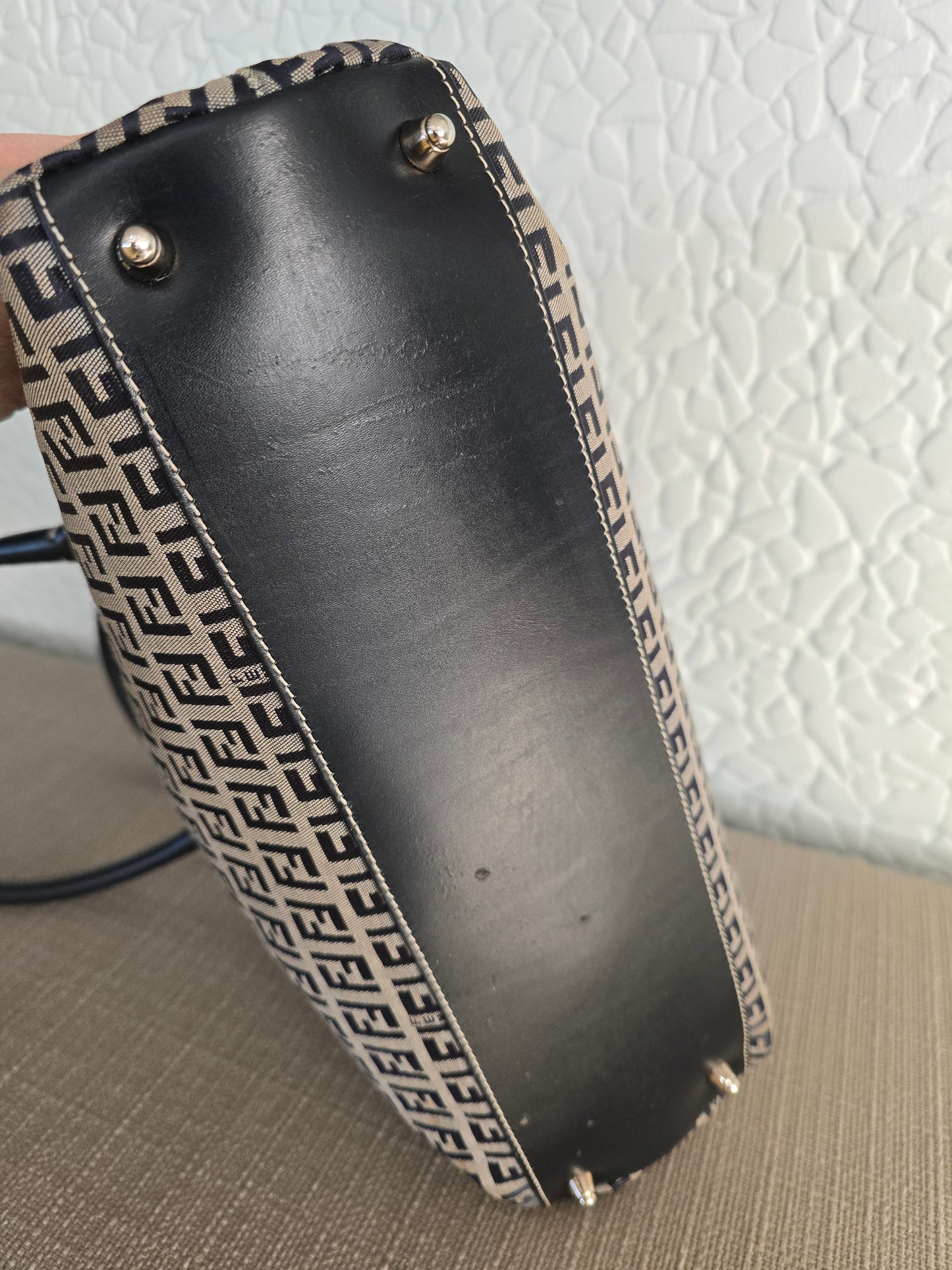 Fendi Zucchino Canvas Shoulder Bag in Tan Canvas/Navy Leather