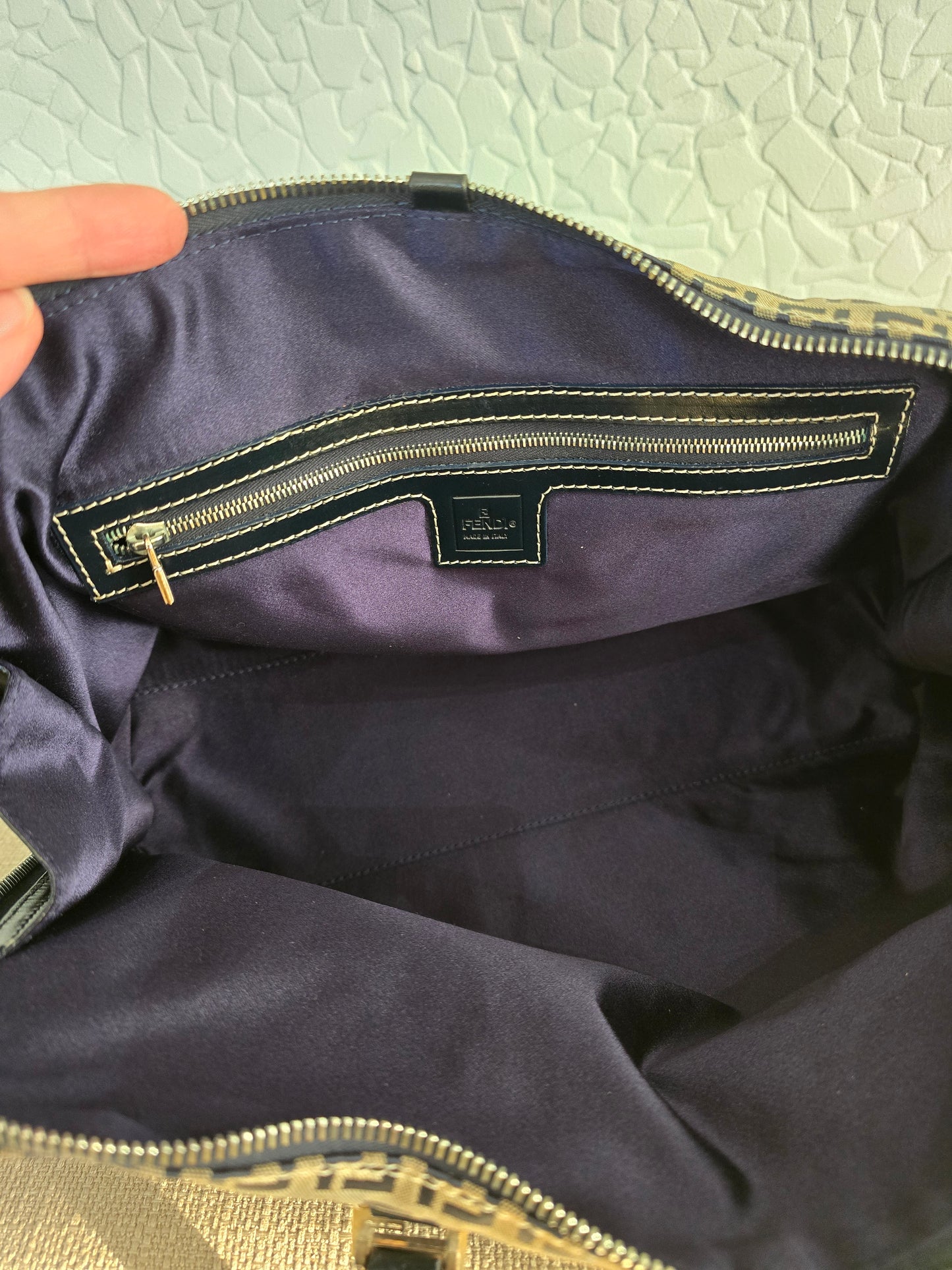 Fendi Zucchino Canvas Shoulder Bag in Tan Canvas/Navy Leather