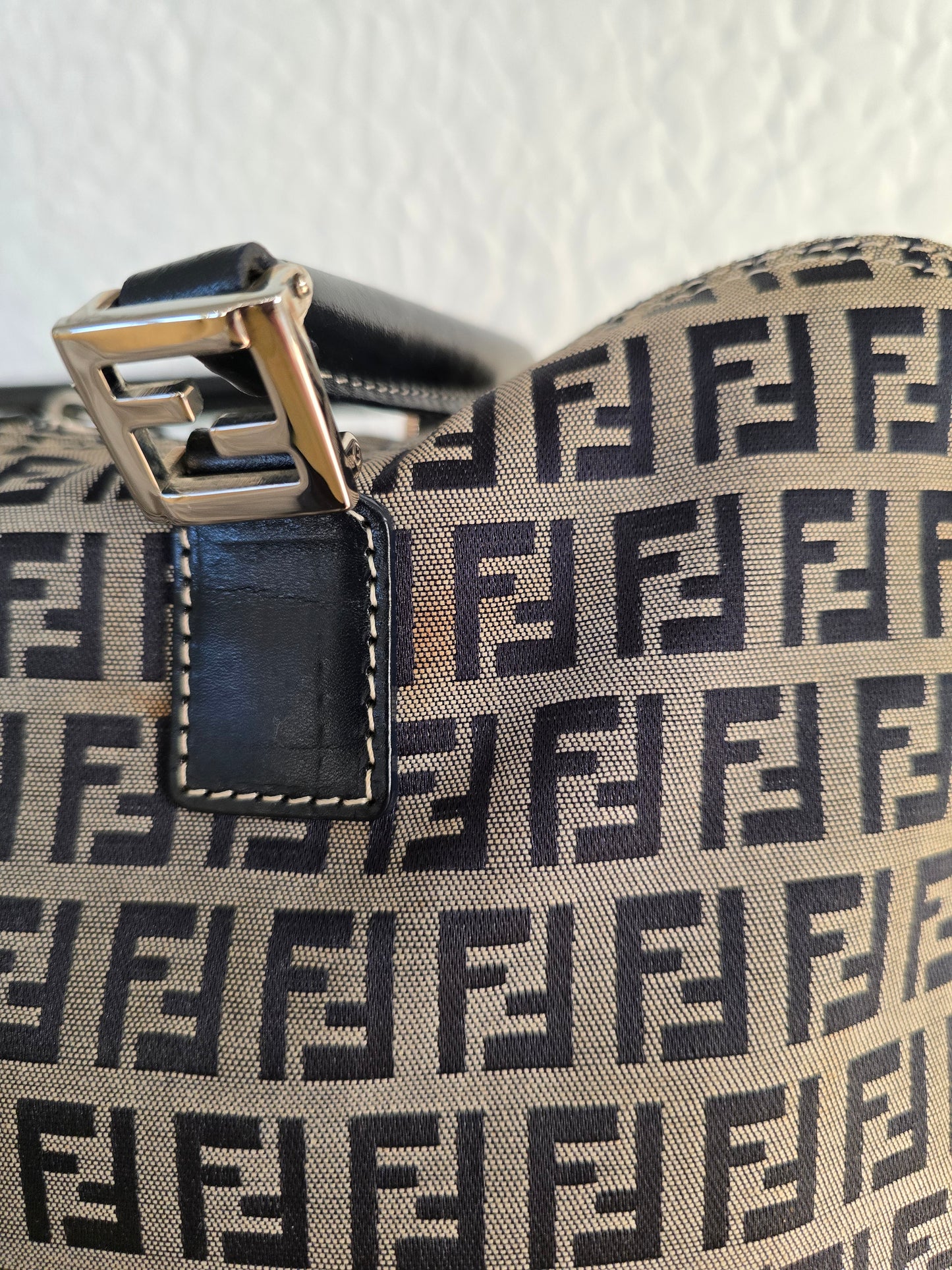 Fendi Zucchino Canvas Shoulder Bag in Tan Canvas/Navy Leather