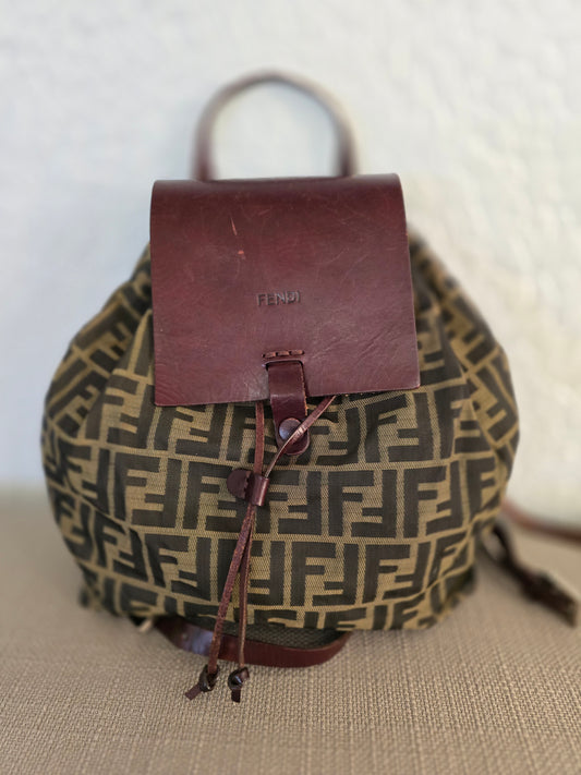 Fendi Zucca Canvas BackPack in Brown Canvas and Leather Trim