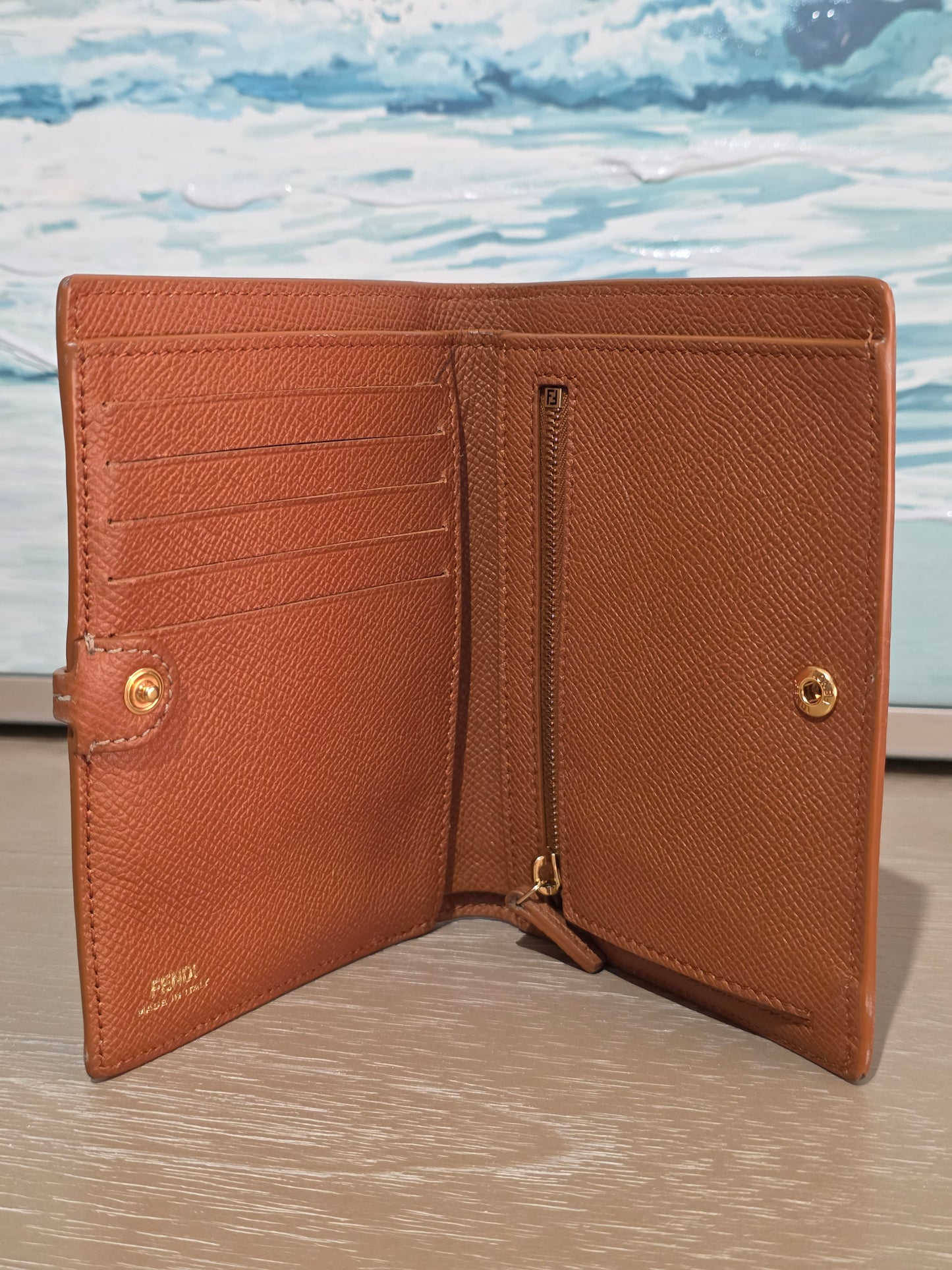 Authentic Fendi Textured Leather Medium Compact Wallet with Box & Dust Bag
