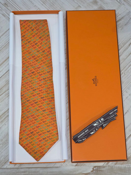 Hermès Silk Tie - Vintage Equestrian Horse Motif (Classic Orange)