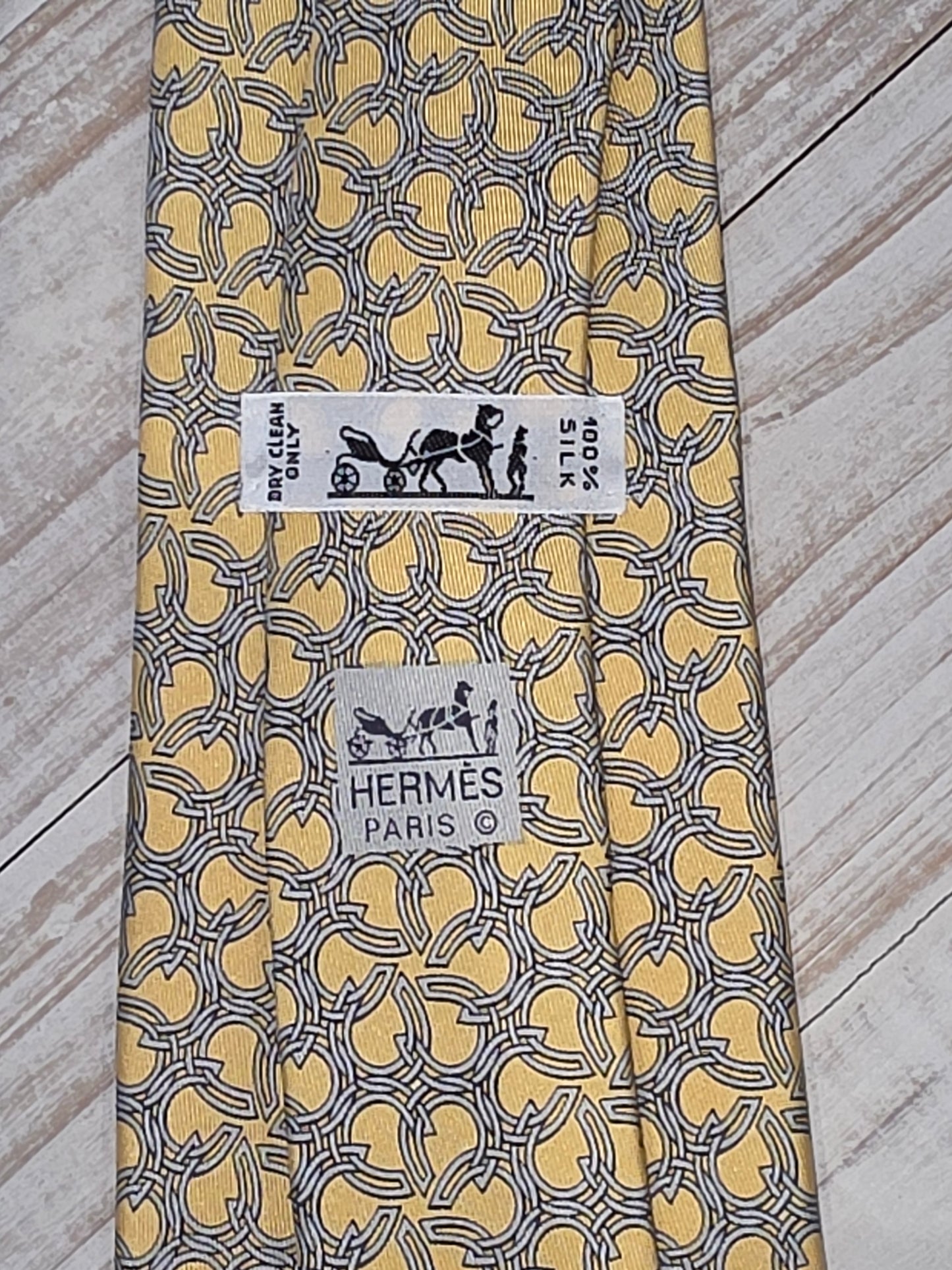 Hermès Silk Tie - Yellow Equestrian Geometric Chain Link