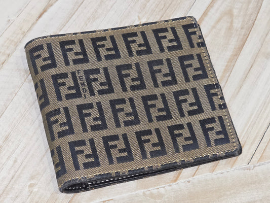 FENDI Zucca Print Bifold Wallet Canvas Leather Brown