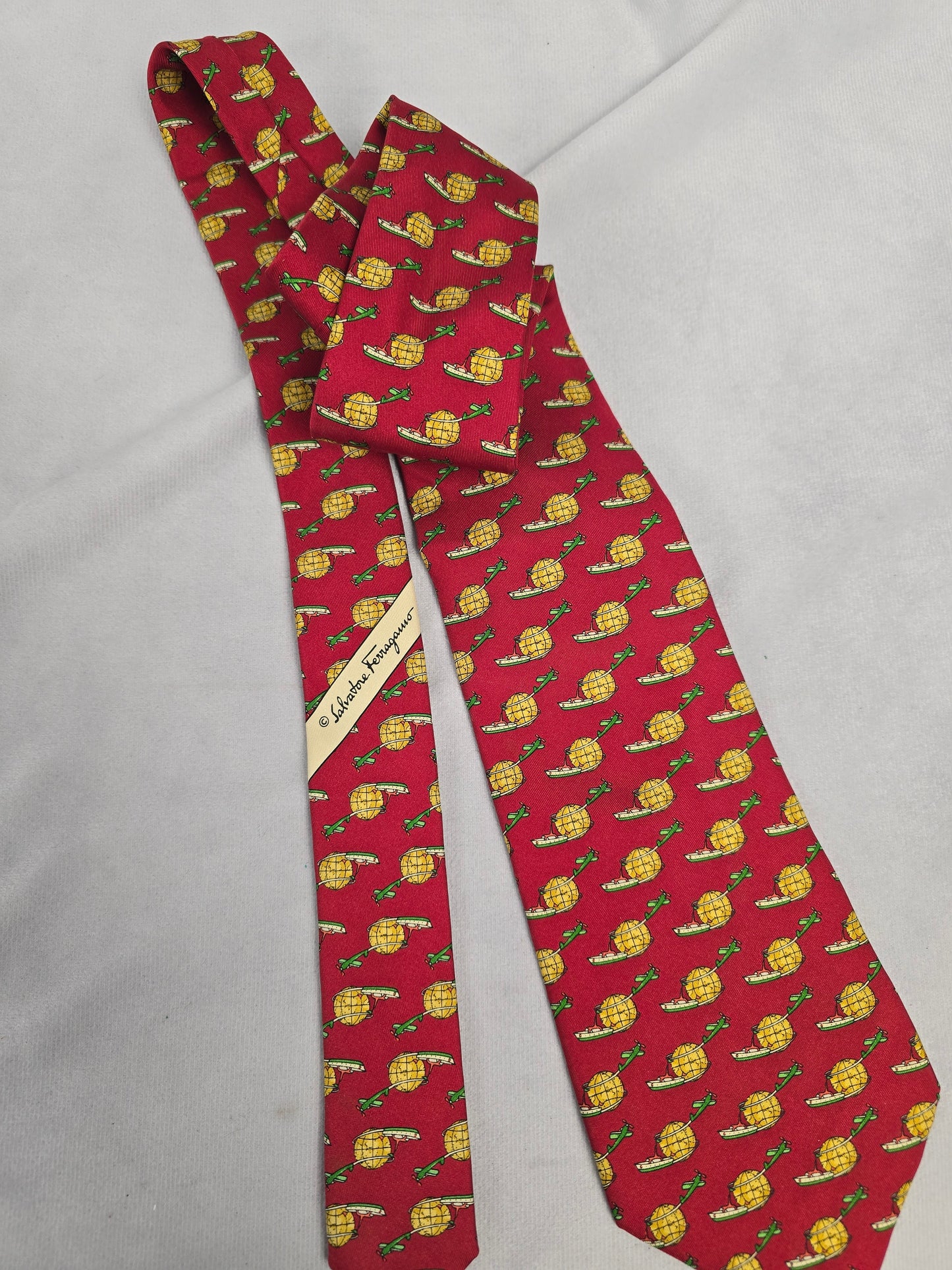 Ferragamo Red Silk Neck Tie with World Travel Print