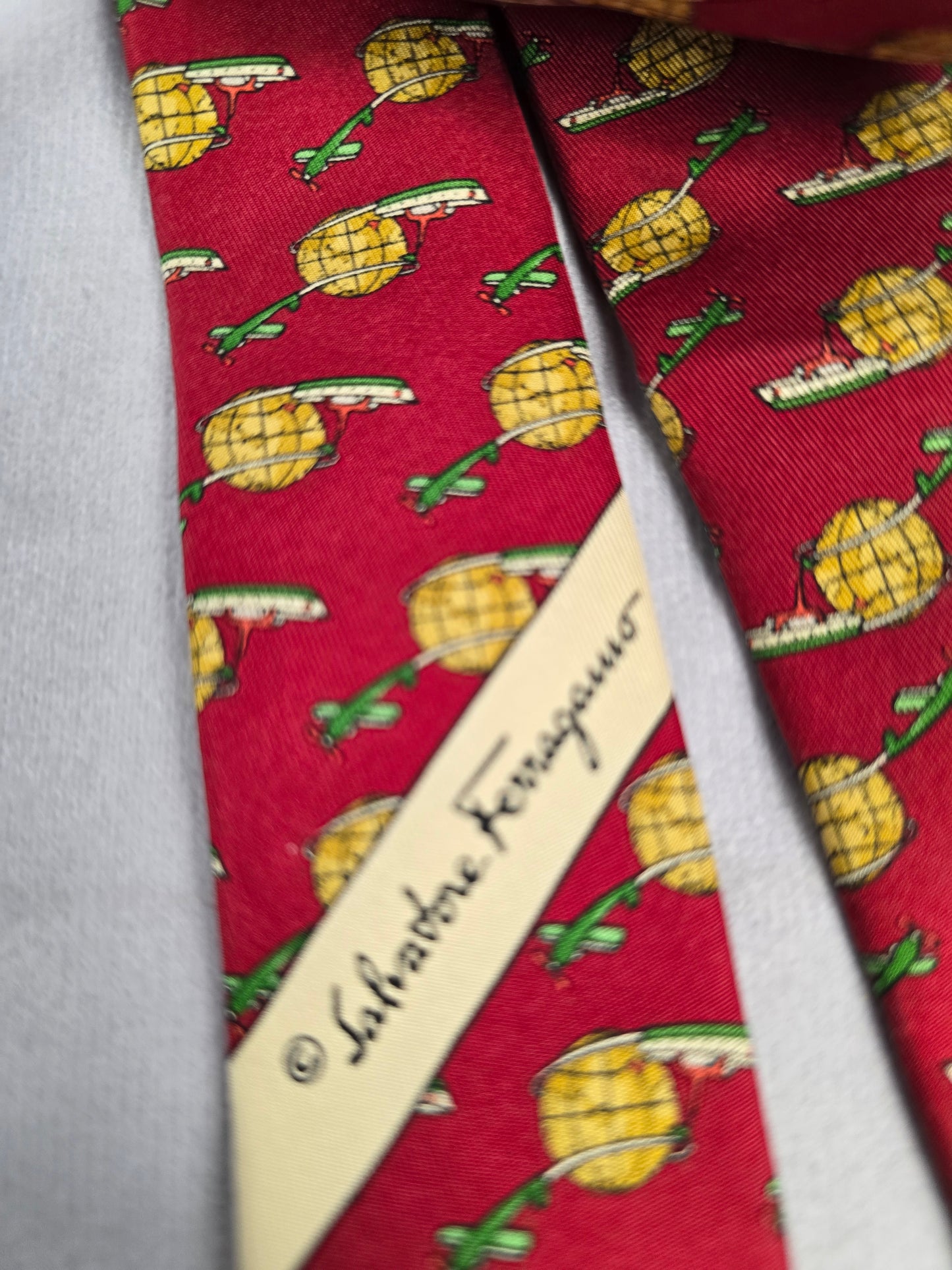Ferragamo Red Silk Neck Tie with World Travel Print