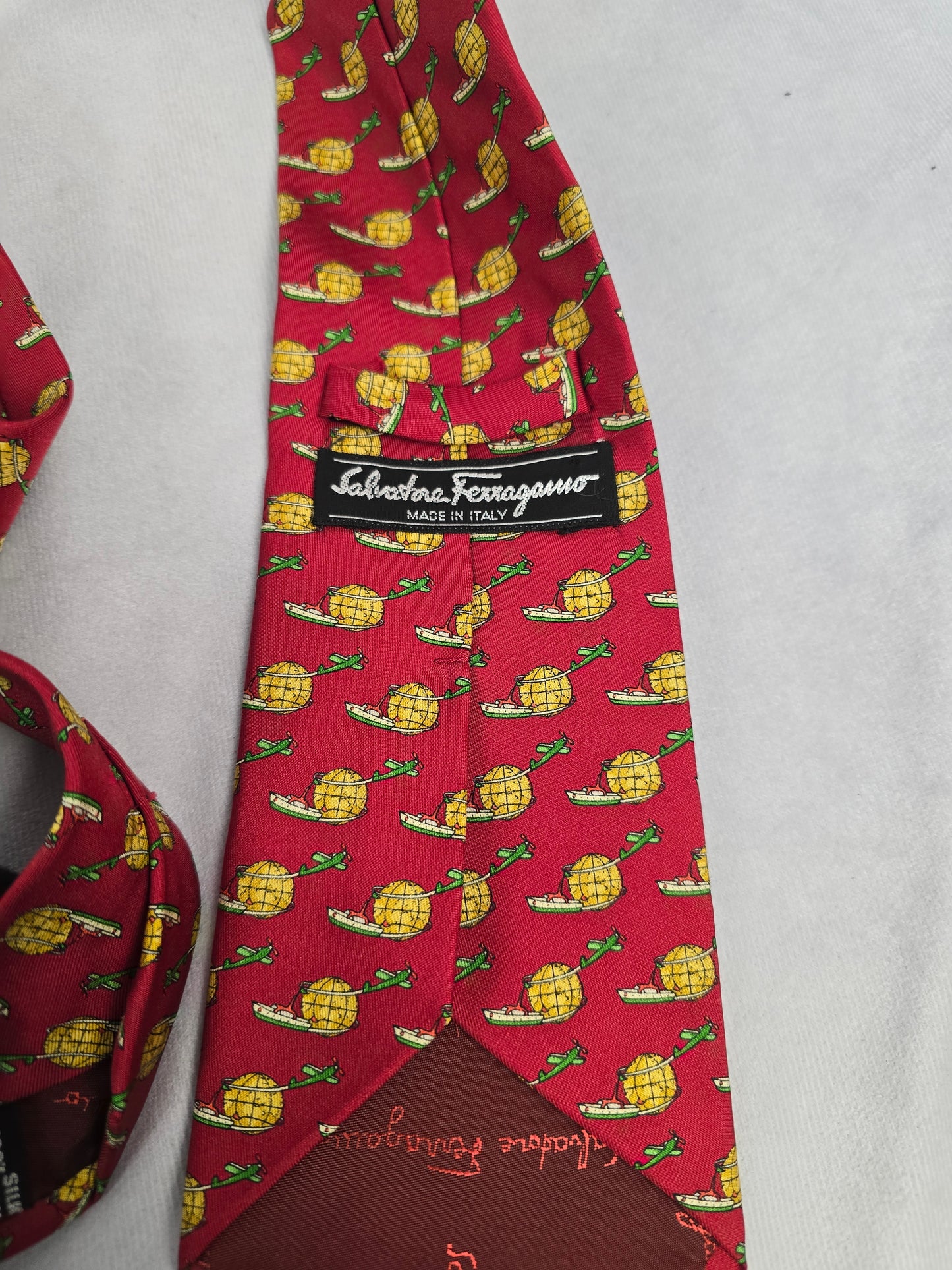 Ferragamo Red Silk Neck Tie with World Travel Print