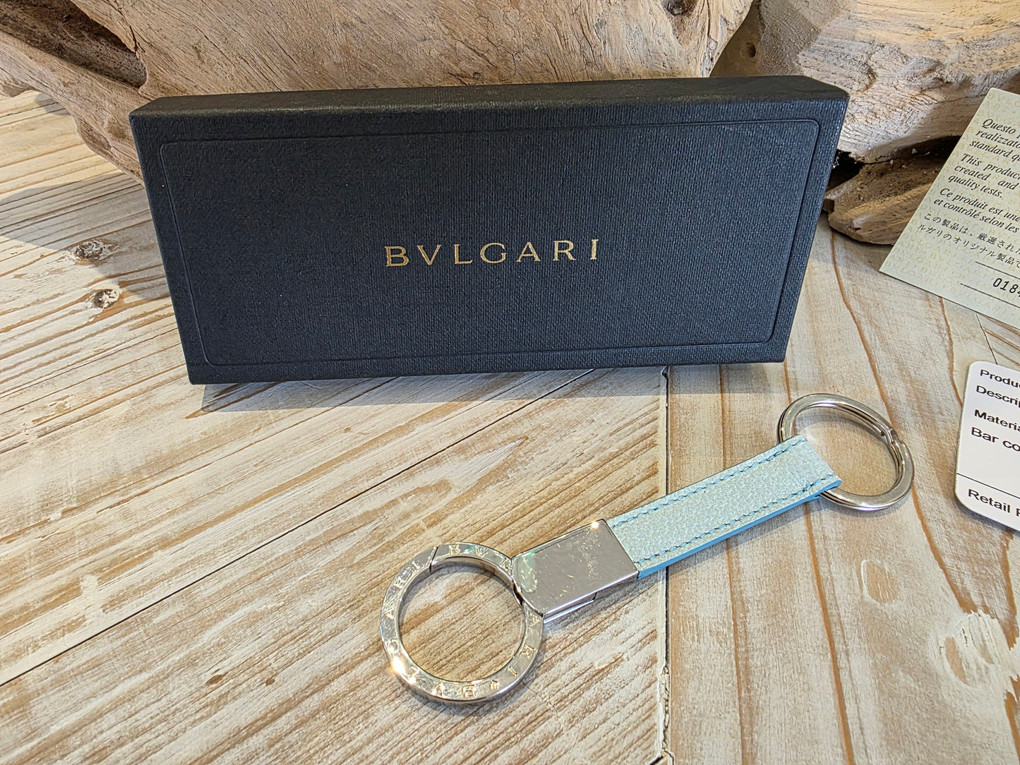 Authentic BVLGARI BB Man Double Ring Keychain, Turquoise/Silver